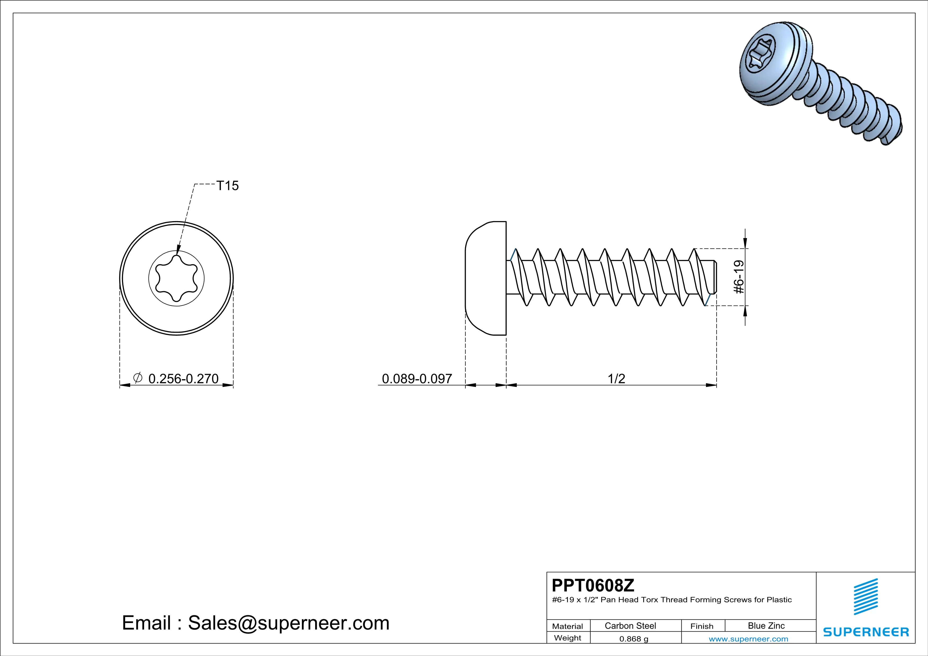 6 × 1/2" Pan Head Torx Thread Forming inch Screws for Plastic  Steel Blue Zinc Plated