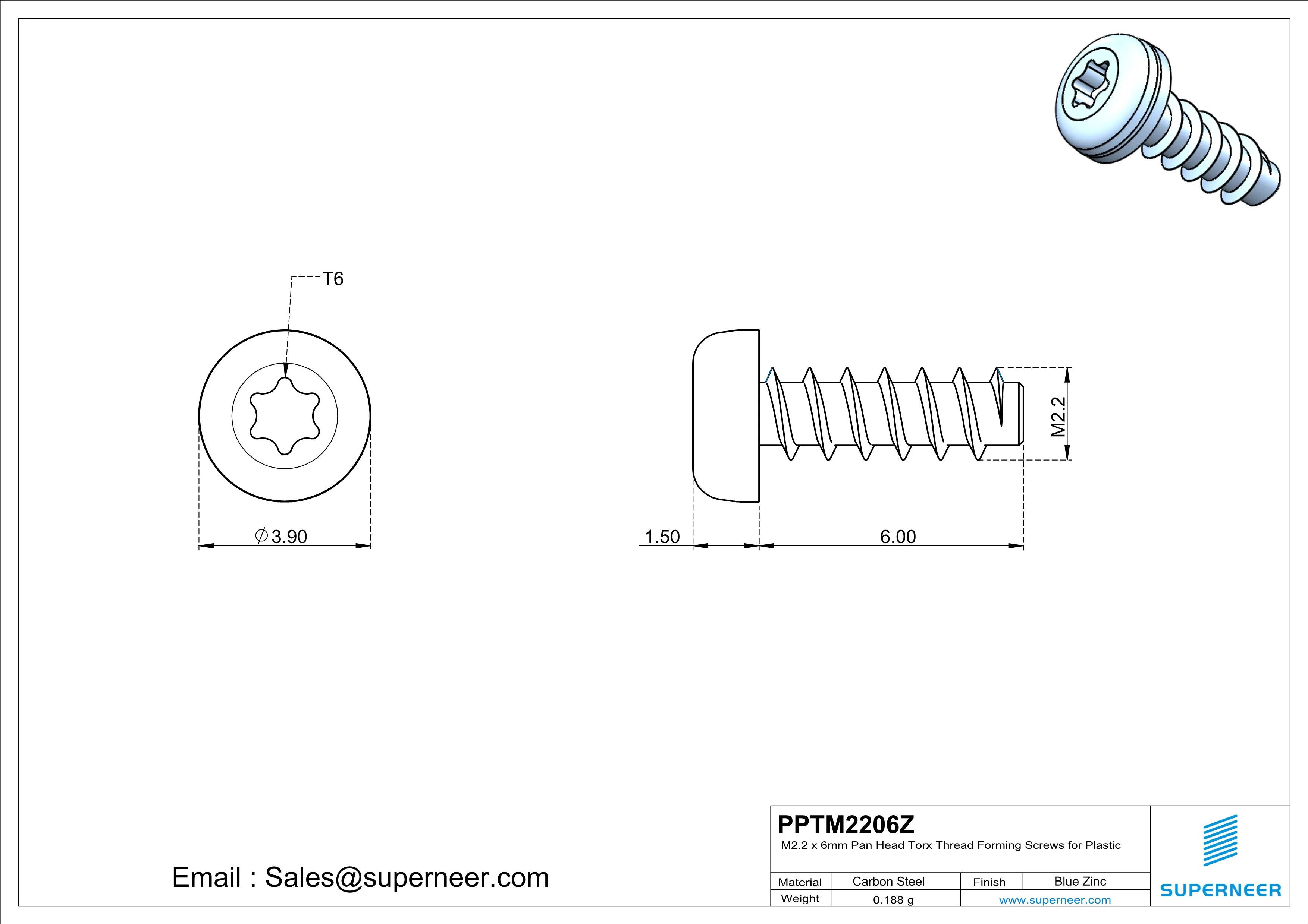 M2.2 × 6mm  Pan Head Torx Thread Foming Screws for Plastic   Steel Blue Zinc Plated