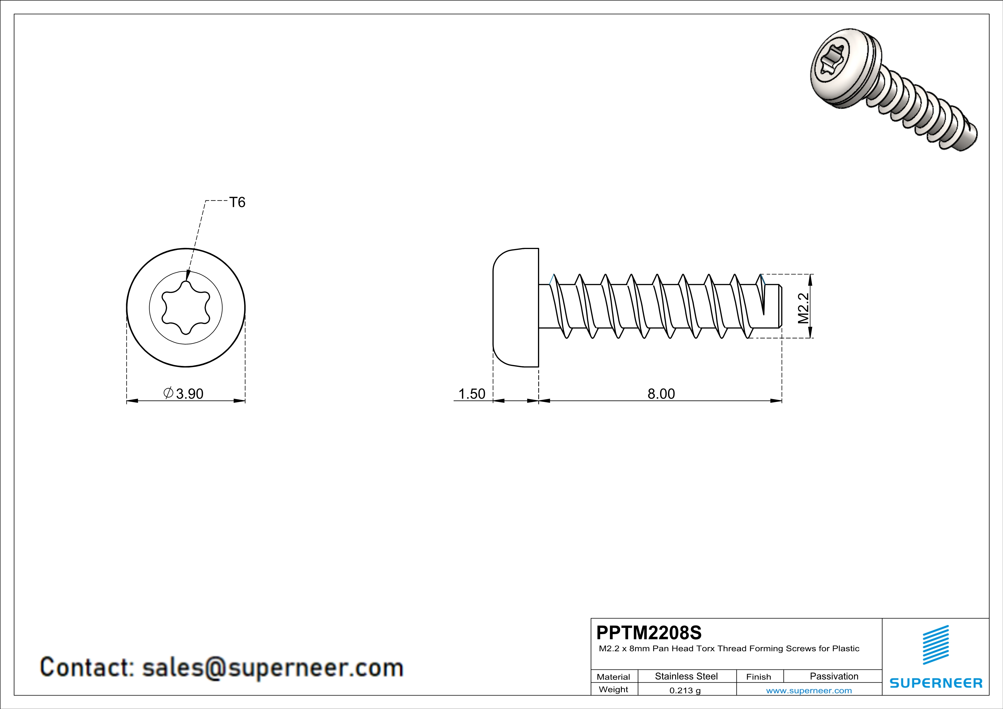 M2.2 × 8mm  Pan Head Torx Thread Foming Screws for Plastic SUS304 Stainless Steel Inox