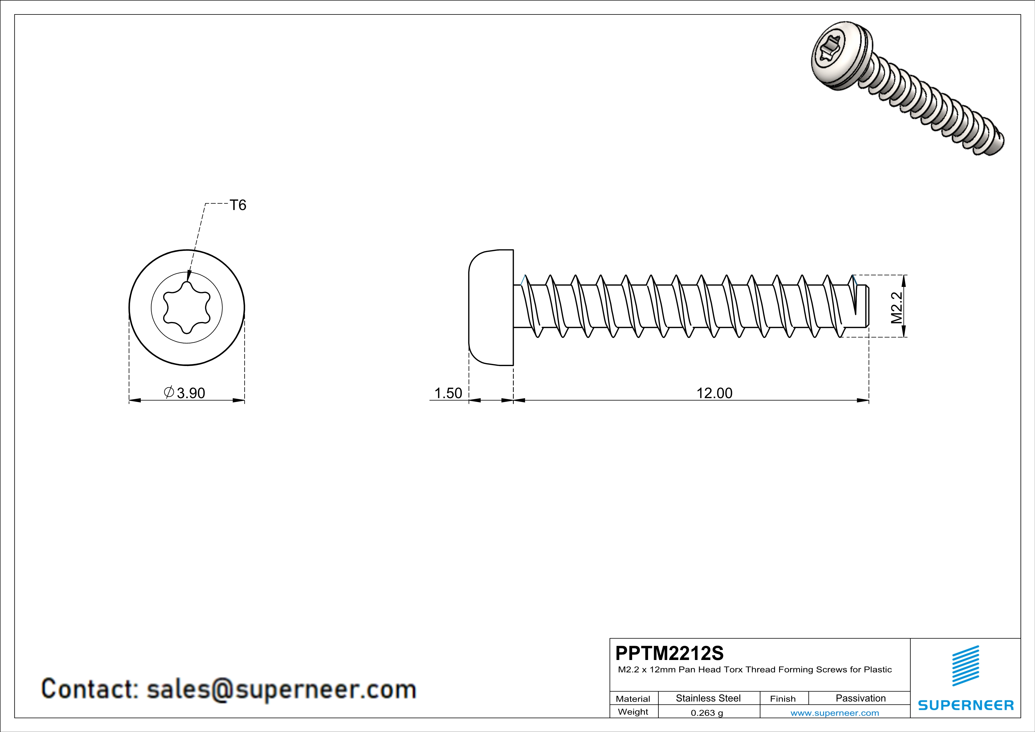 M2.2 × 12mm  Pan Head Torx Thread Foming Screws for Plastic SUS304 Stainless Steel Inox