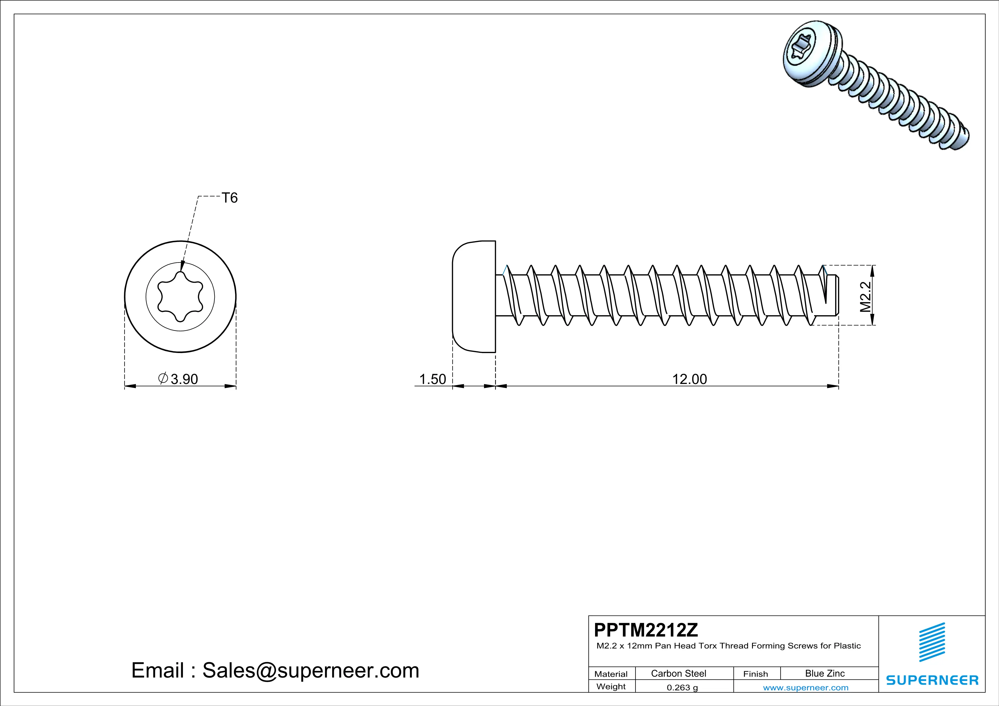 M2.2 × 12mm  Pan Head Torx Thread Foming Screws for Plastic   Steel Blue Zinc Plated