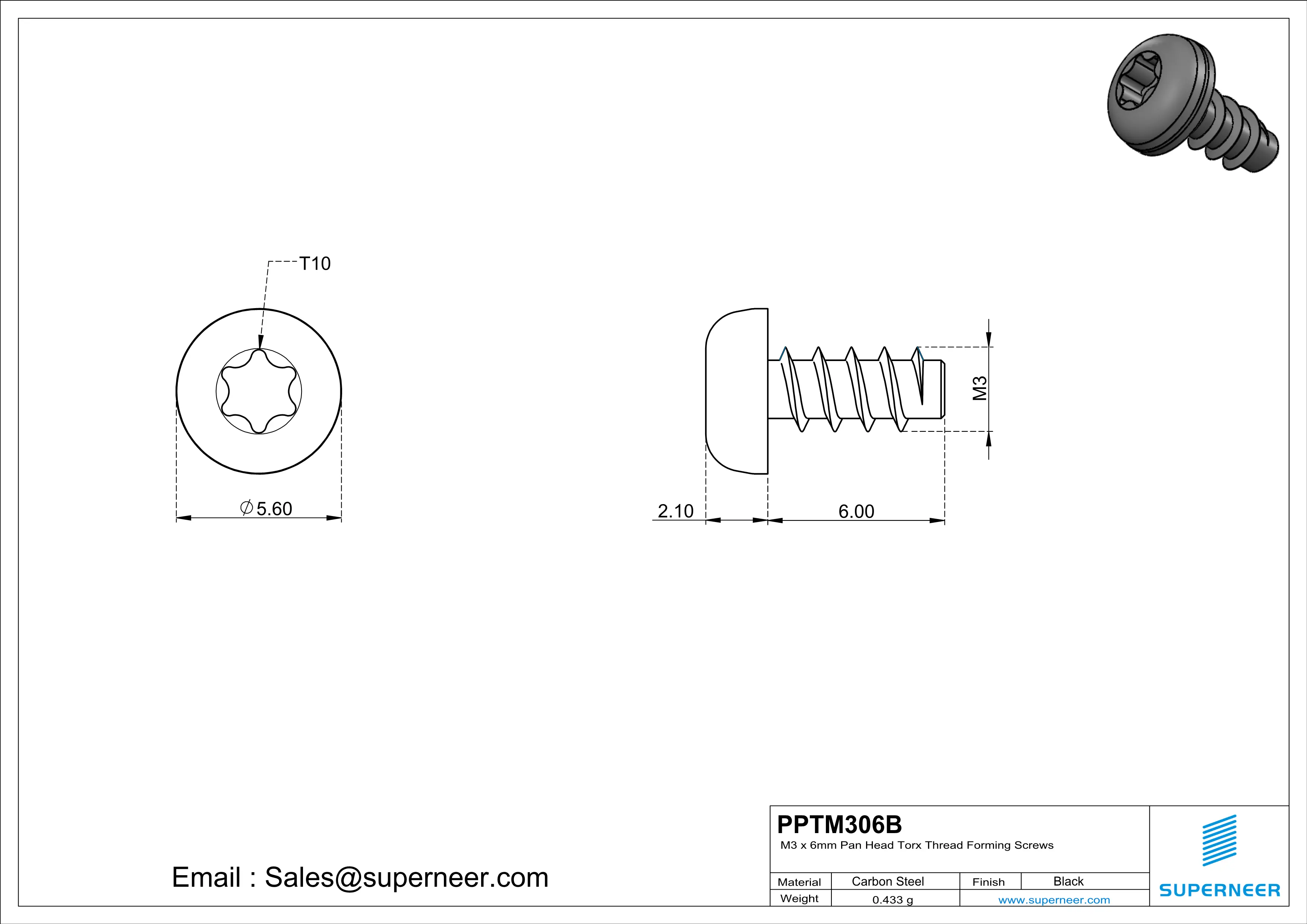 M3 × 6mm  Pan Head Torx Thread Foming Screws for Plastic   Steel Black