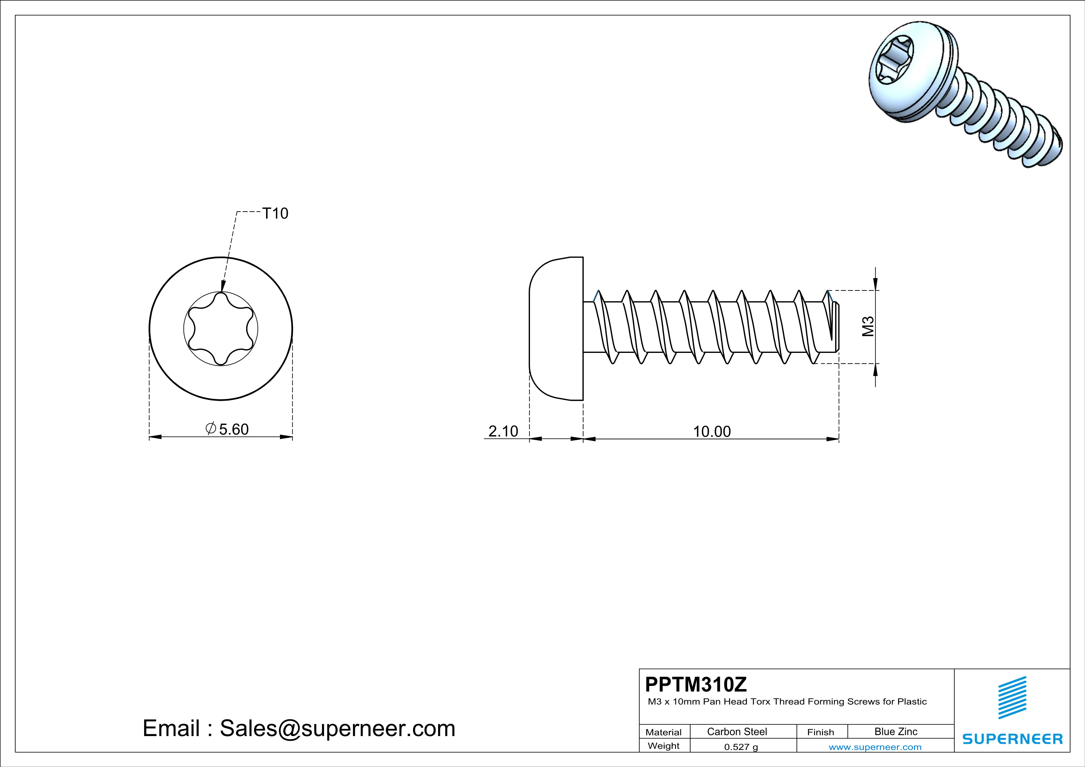 M3 × 10mm  Pan Head Torx Thread Foming Screws for Plastic   Steel Blue Zinc Plated