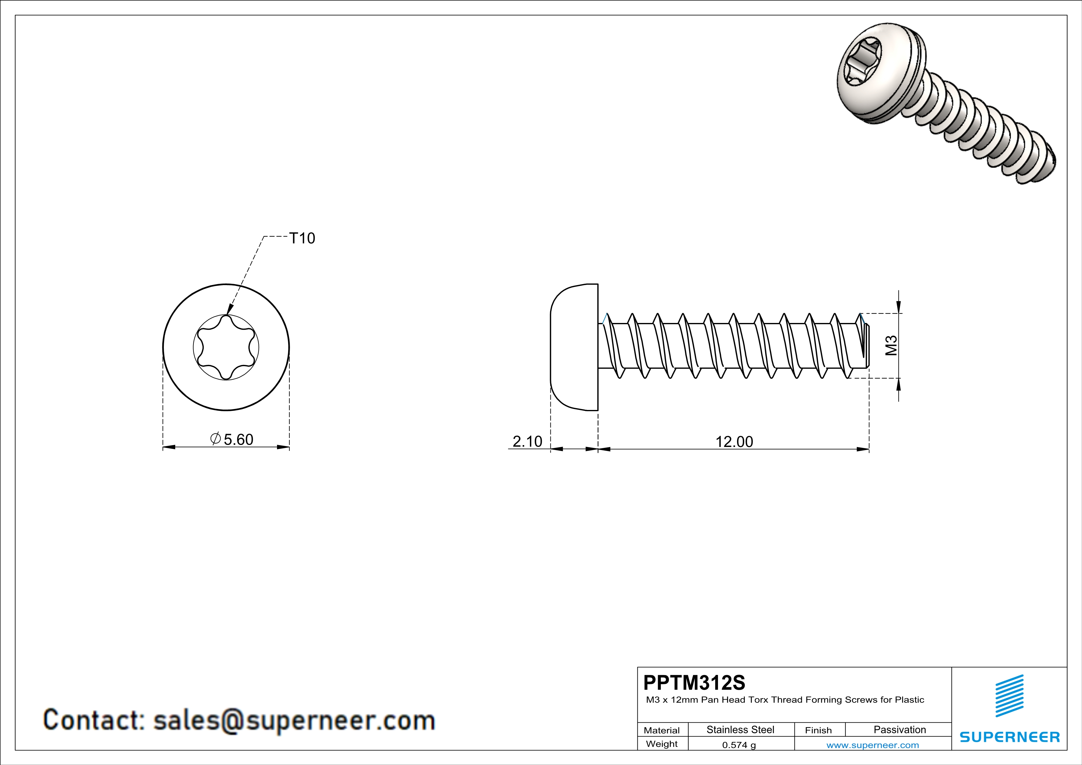 M3 × 12mm  Pan Head Torx Thread Foming Screws for Plastic SUS304 Stainless Steel Inox