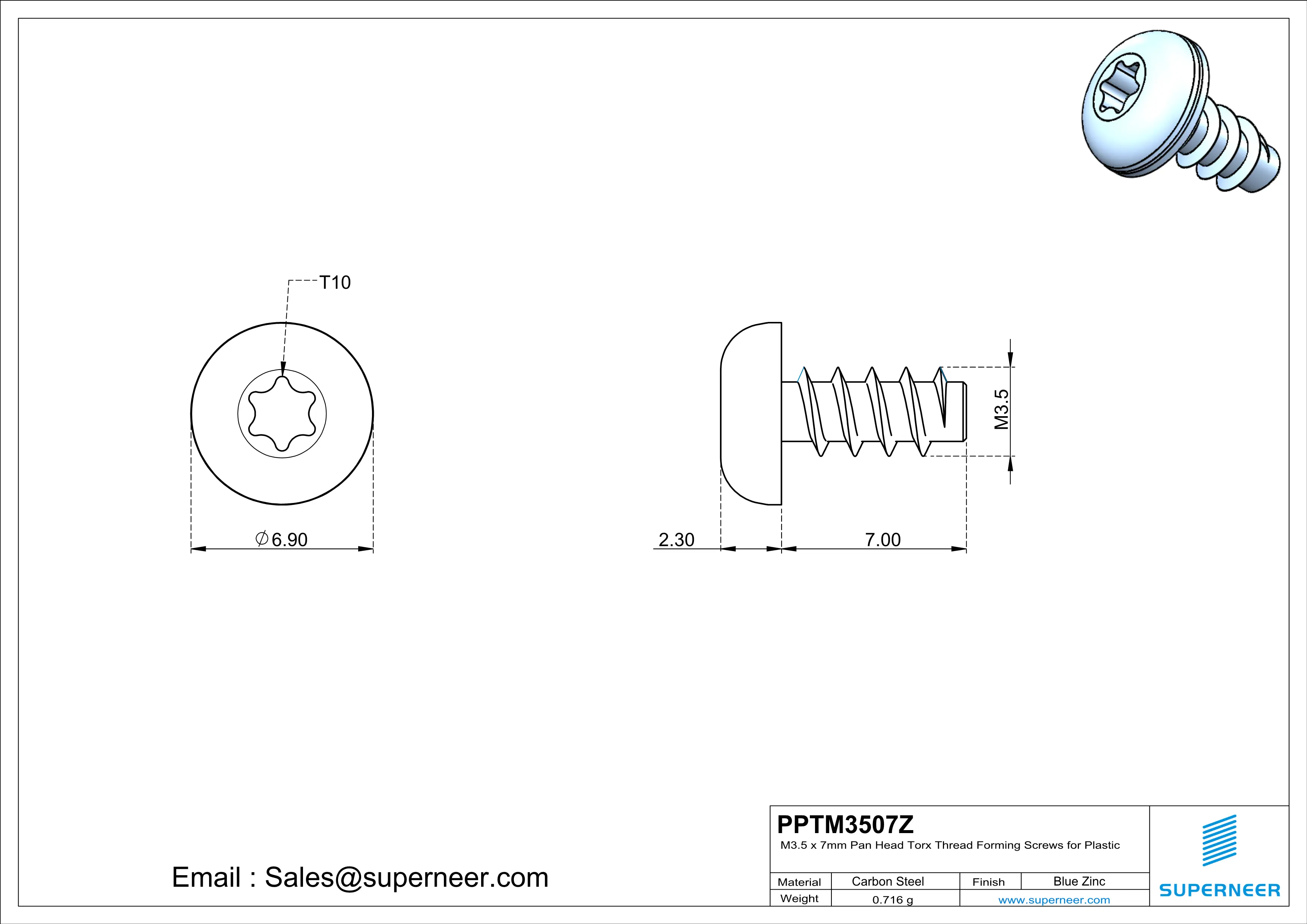M3.5 × 7mm  Pan Head Torx Thread Foming Screws for Plastic   Steel Blue Zinc Plated