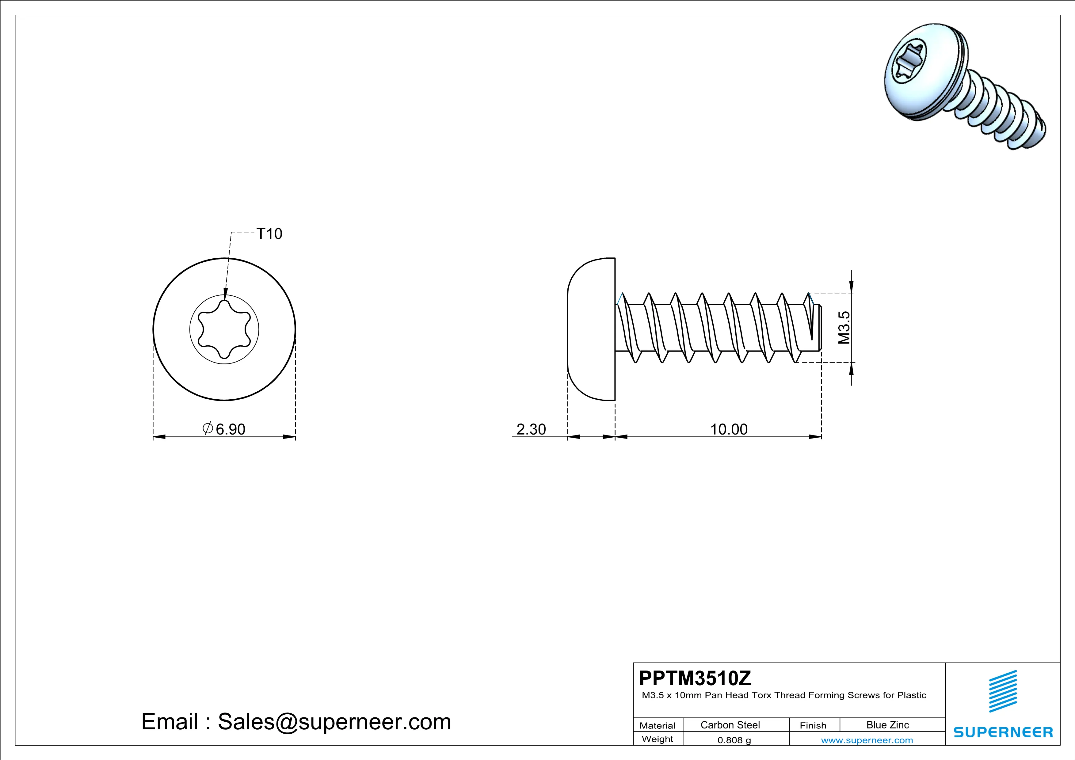 M3.5 × 10mm  Pan Head Torx Thread Foming Screws for Plastic   Steel Blue Zinc Plated