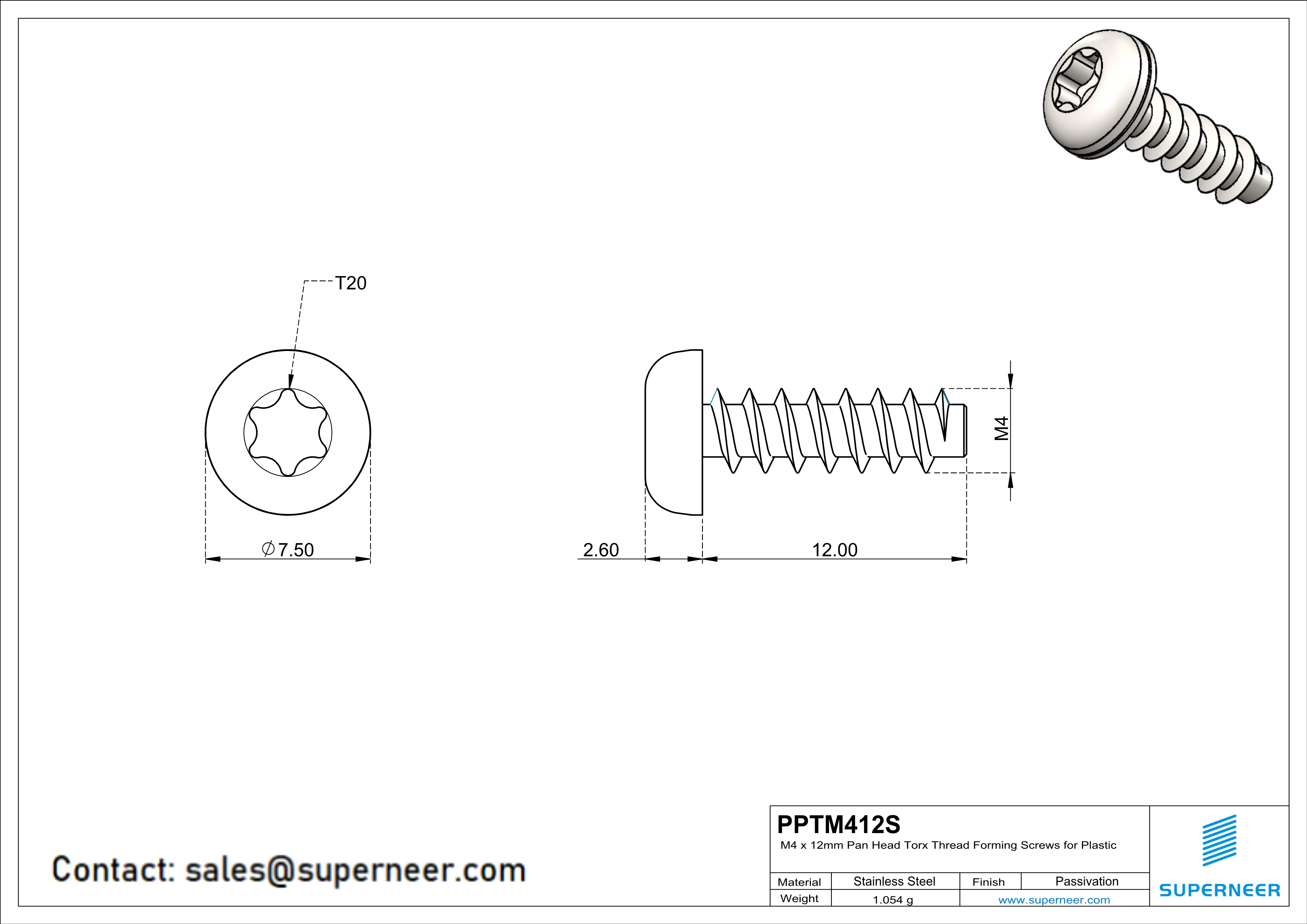 M4 × 12mm  Pan Head Torx Thread Foming Screws for Plastic SUS304 Stainless Steel Inox