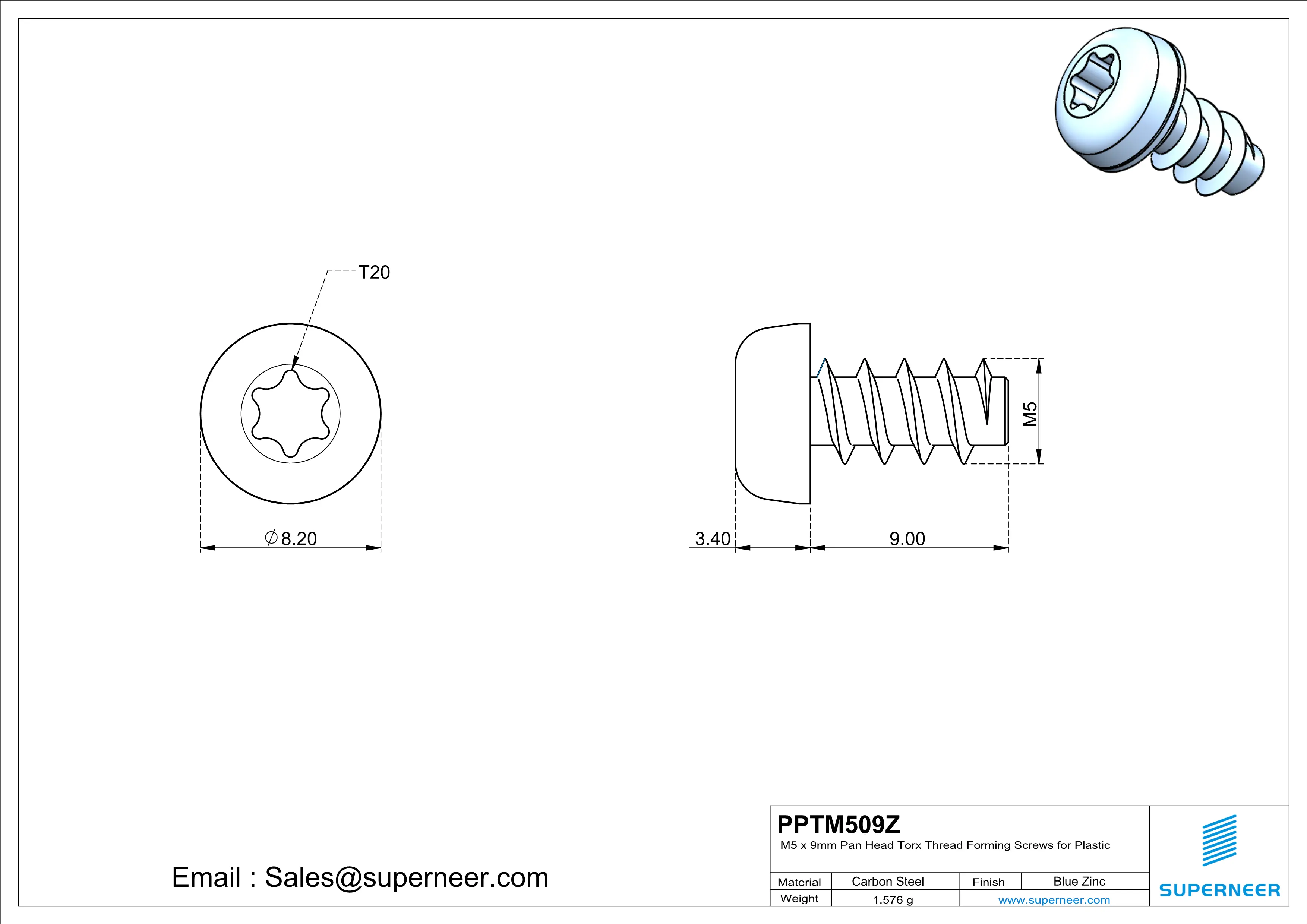 M5 × 9mm  Pan Head Torx Thread Foming Screws for Plastic   Steel Blue Zinc Plated