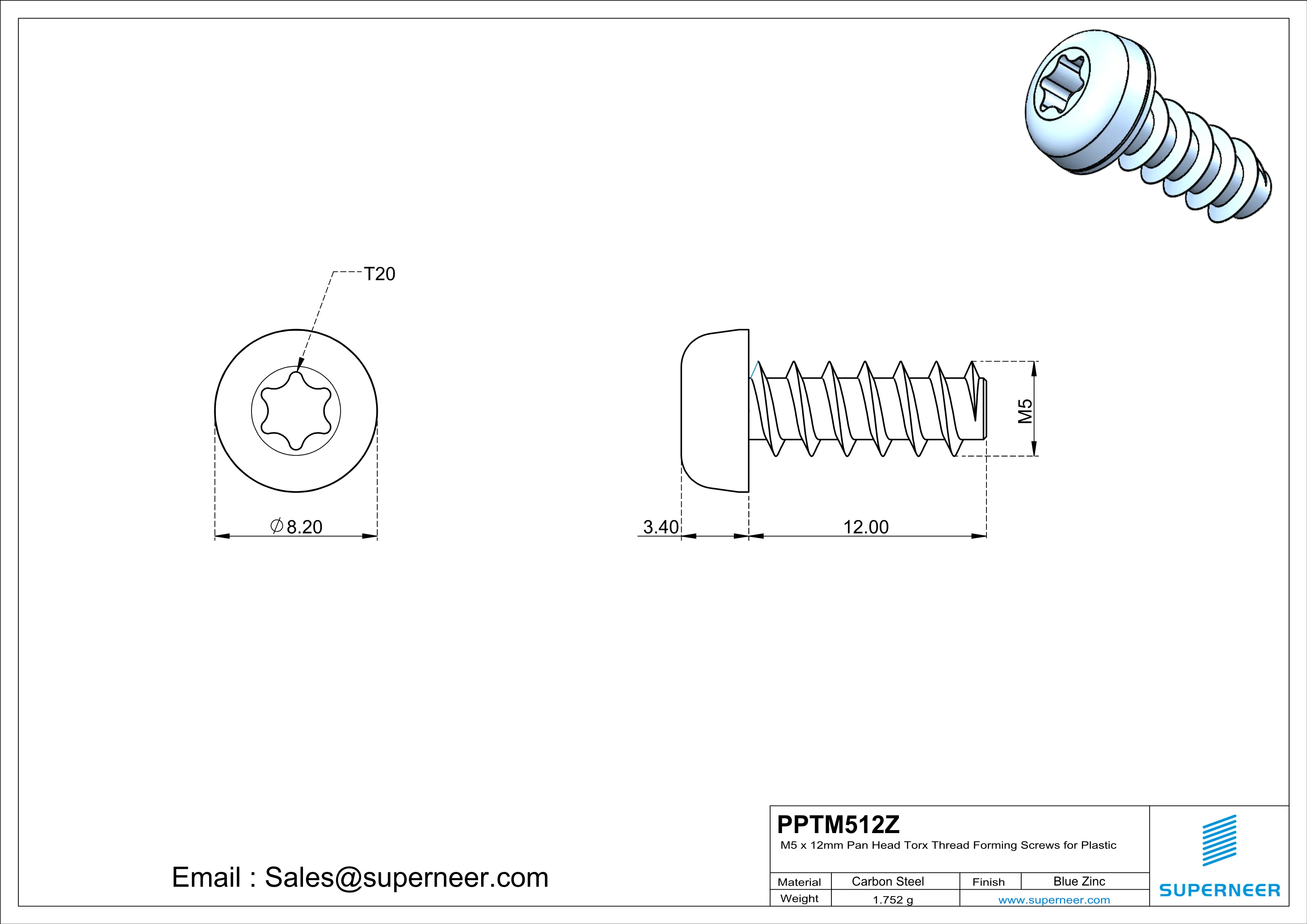 M5 × 12mm  Pan Head Torx Thread Foming Screws for Plastic   Steel Blue Zinc Plated