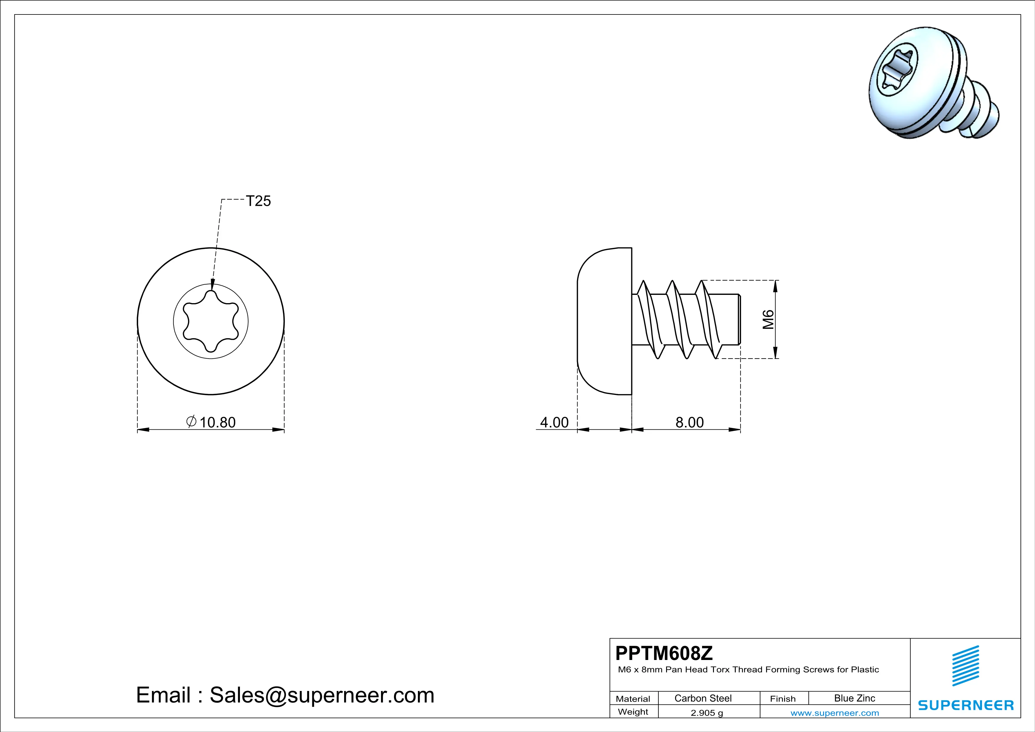 M6 × 8mm  Pan Head Torx Thread Foming Screws for Plastic   Steel Blue Zinc Plated