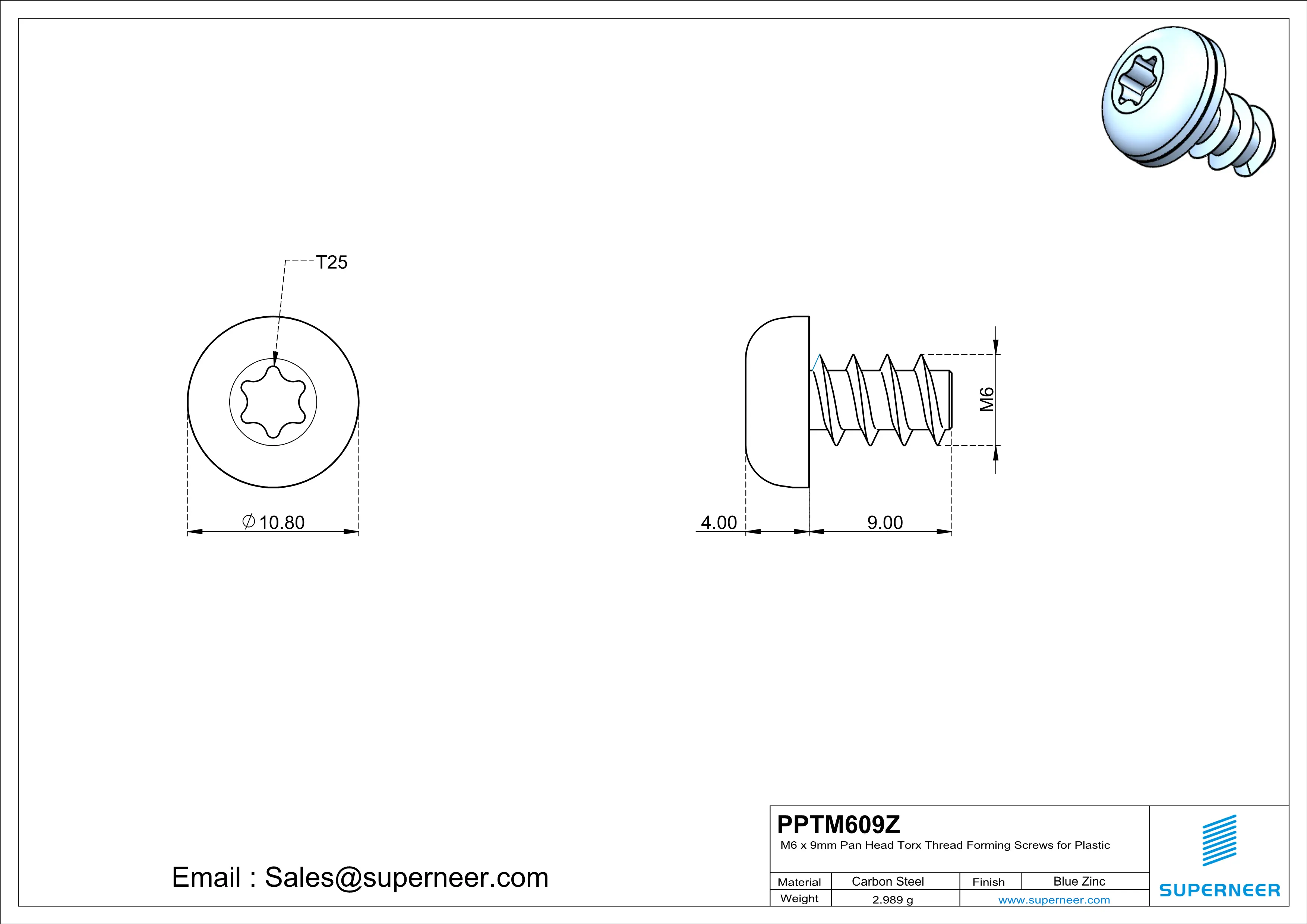 M6 × 9mm  Pan Head Torx Thread Foming Screws for Plastic   Steel Blue Zinc Plated