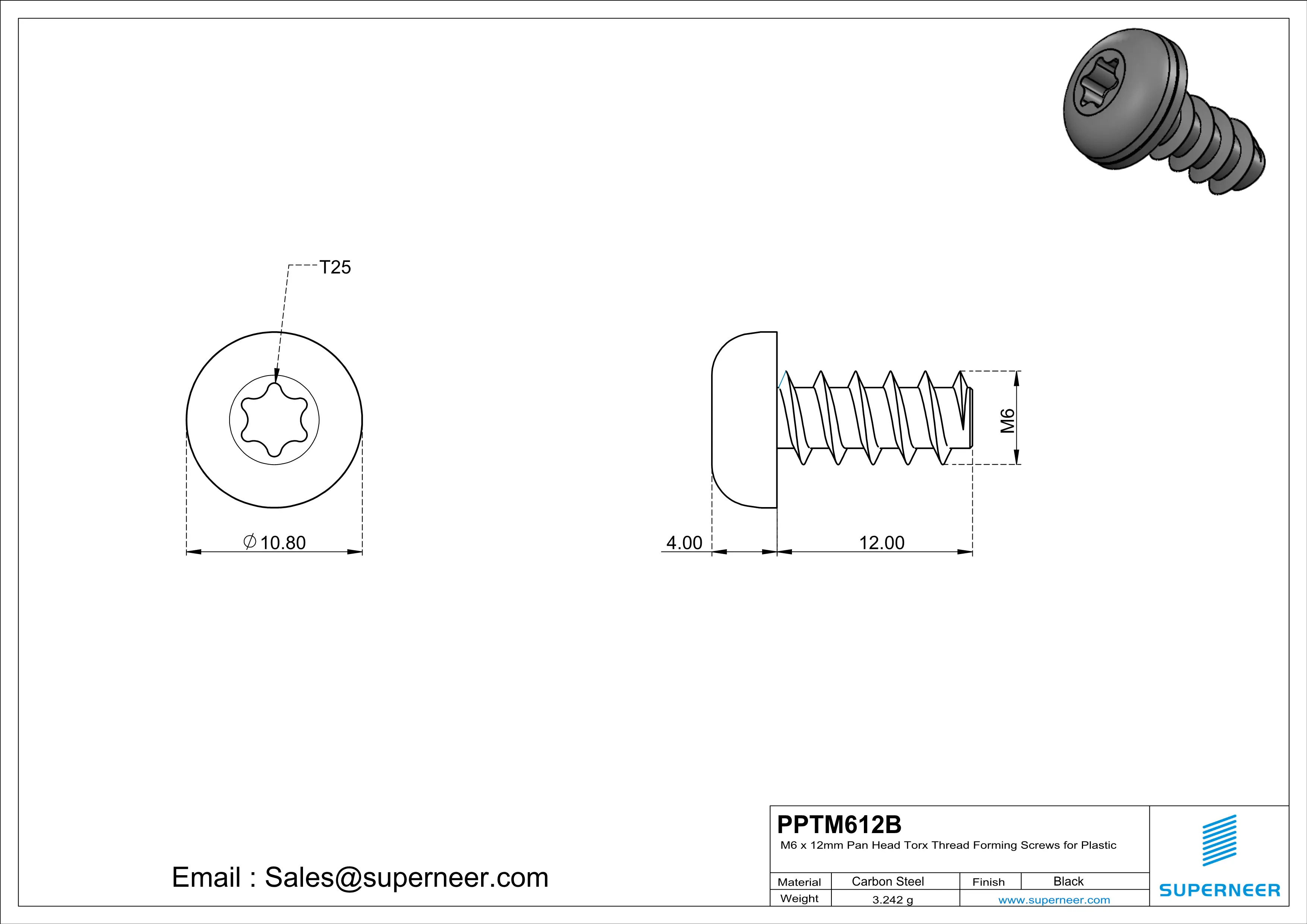 M6 × 12mm  Pan Head Torx Thread Foming Screws for Plastic   Steel Black