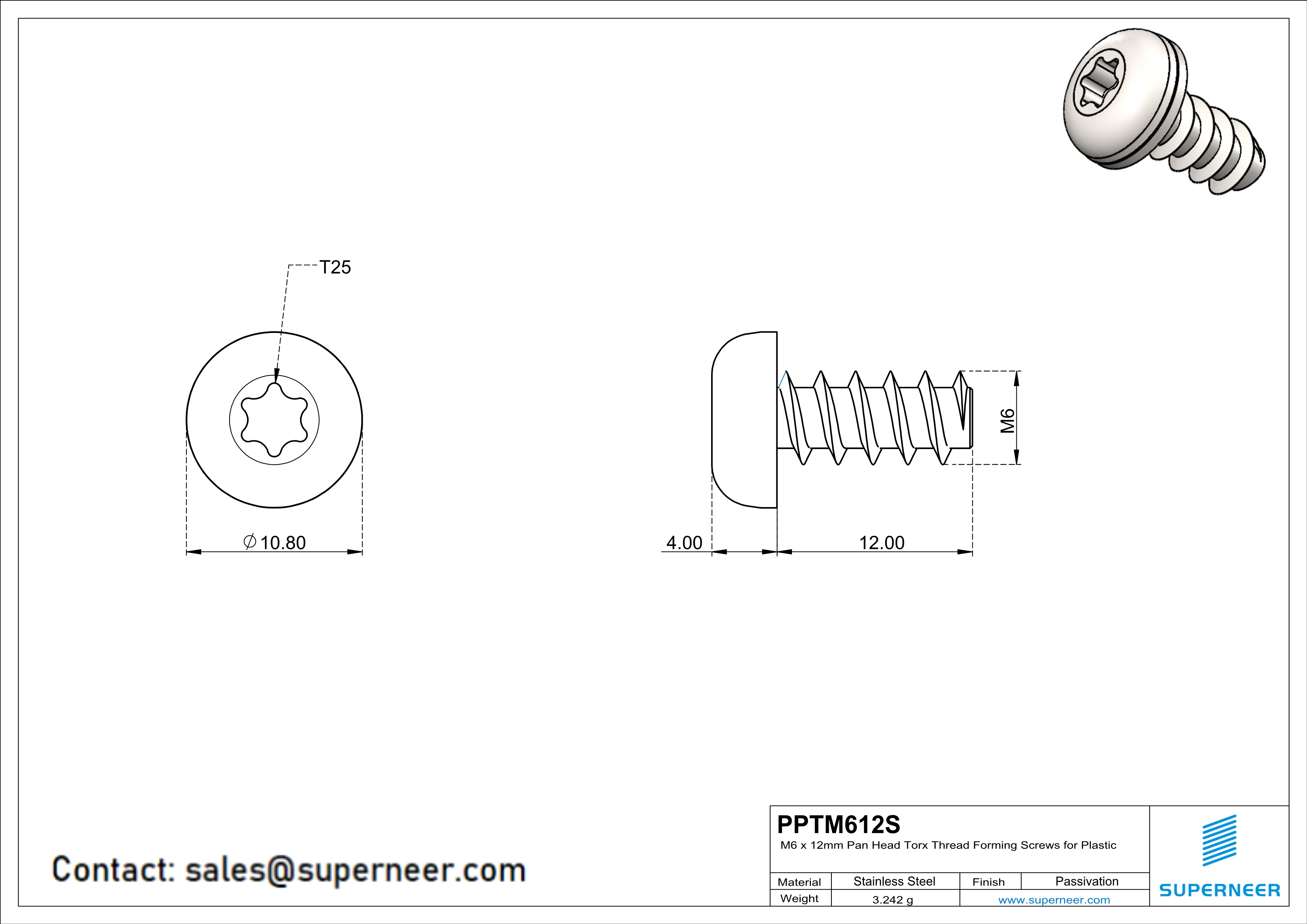 M6 × 12mm  Pan Head Torx Thread Foming Screws for Plastic SUS304 Stainless Steel Inox