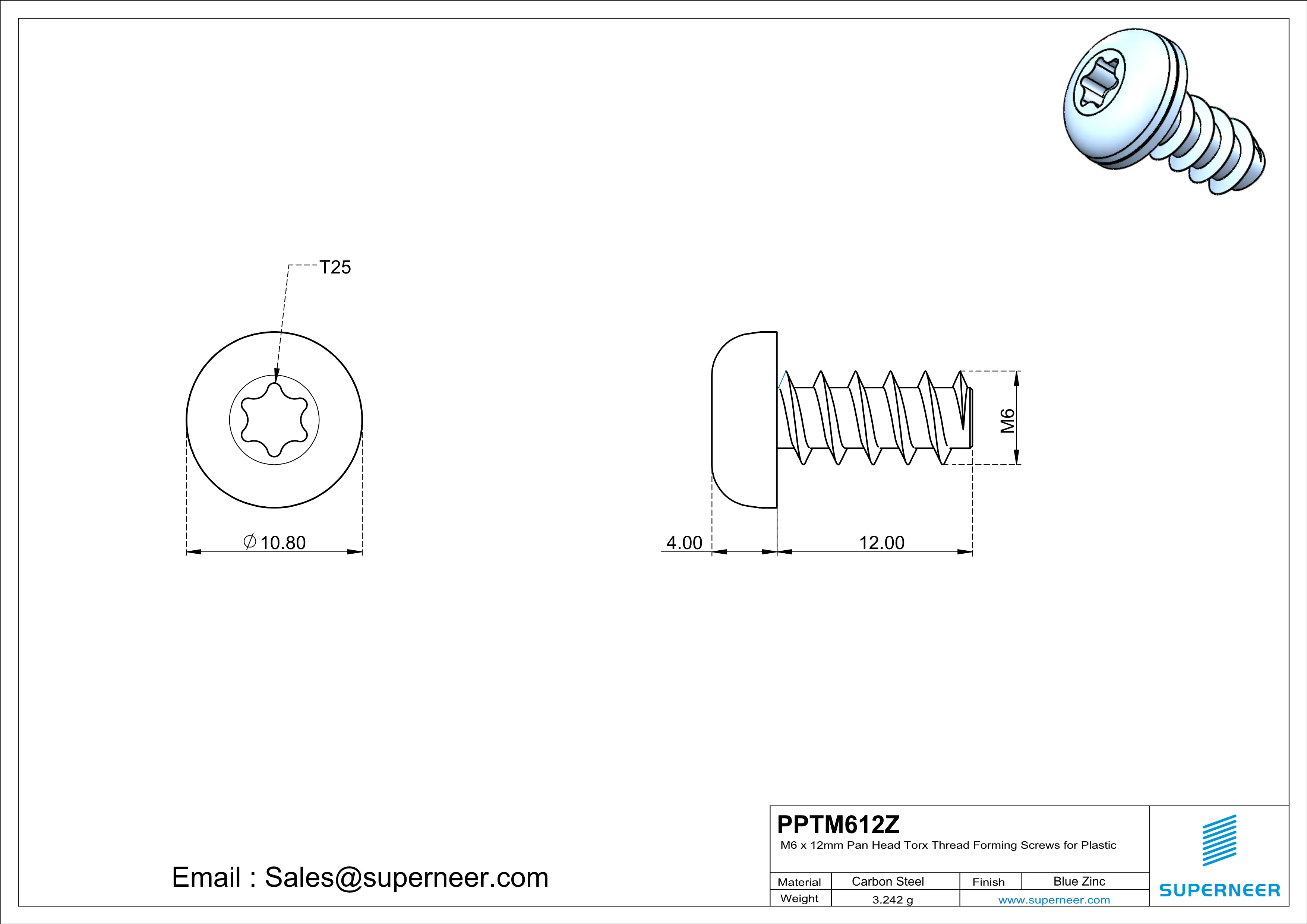 M6 × 12mm  Pan Head Torx Thread Foming Screws for Plastic   Steel Blue Zinc Plated