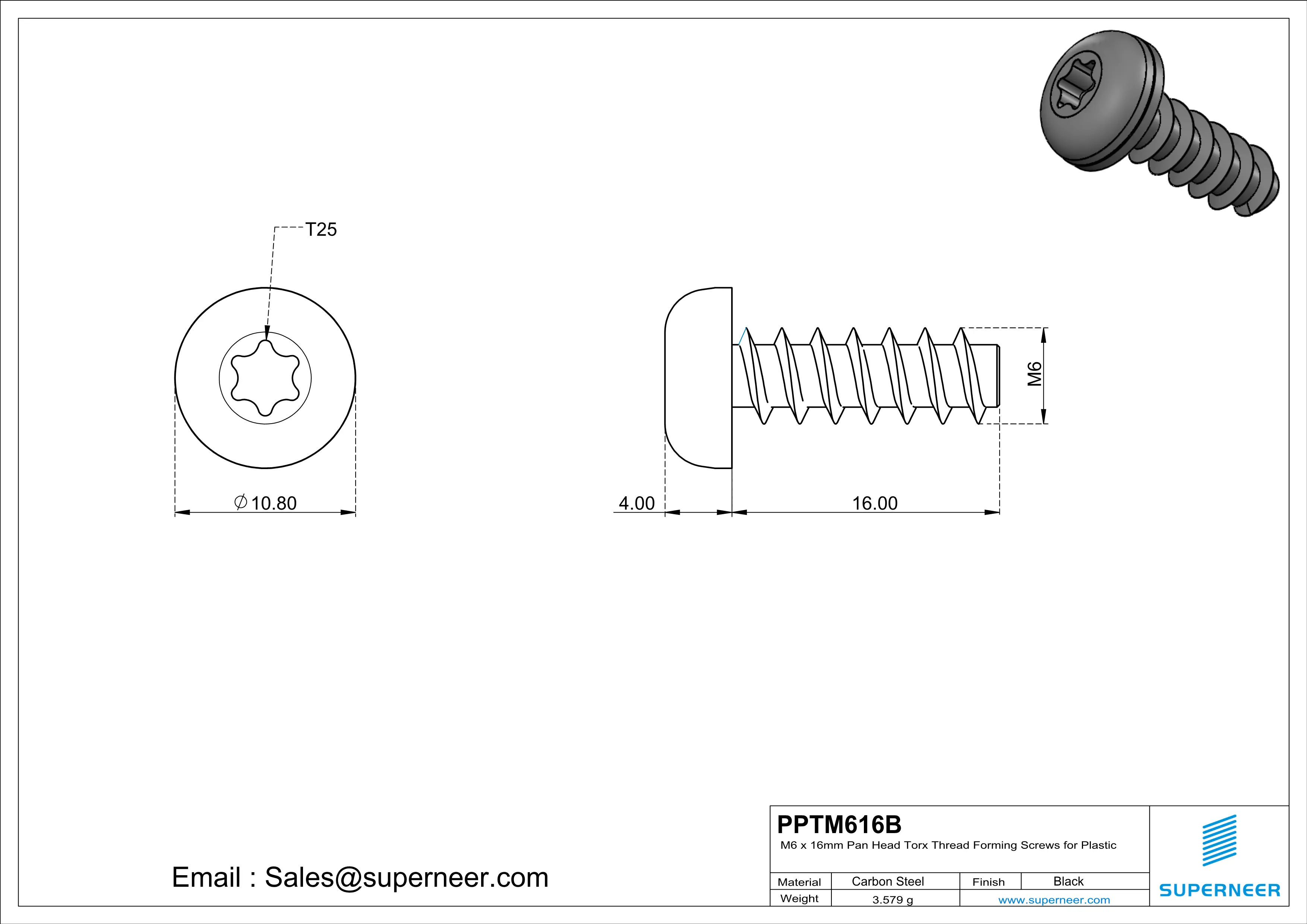 M6 × 16mm  Pan Head Torx Thread Foming Screws for Plastic   Steel Black