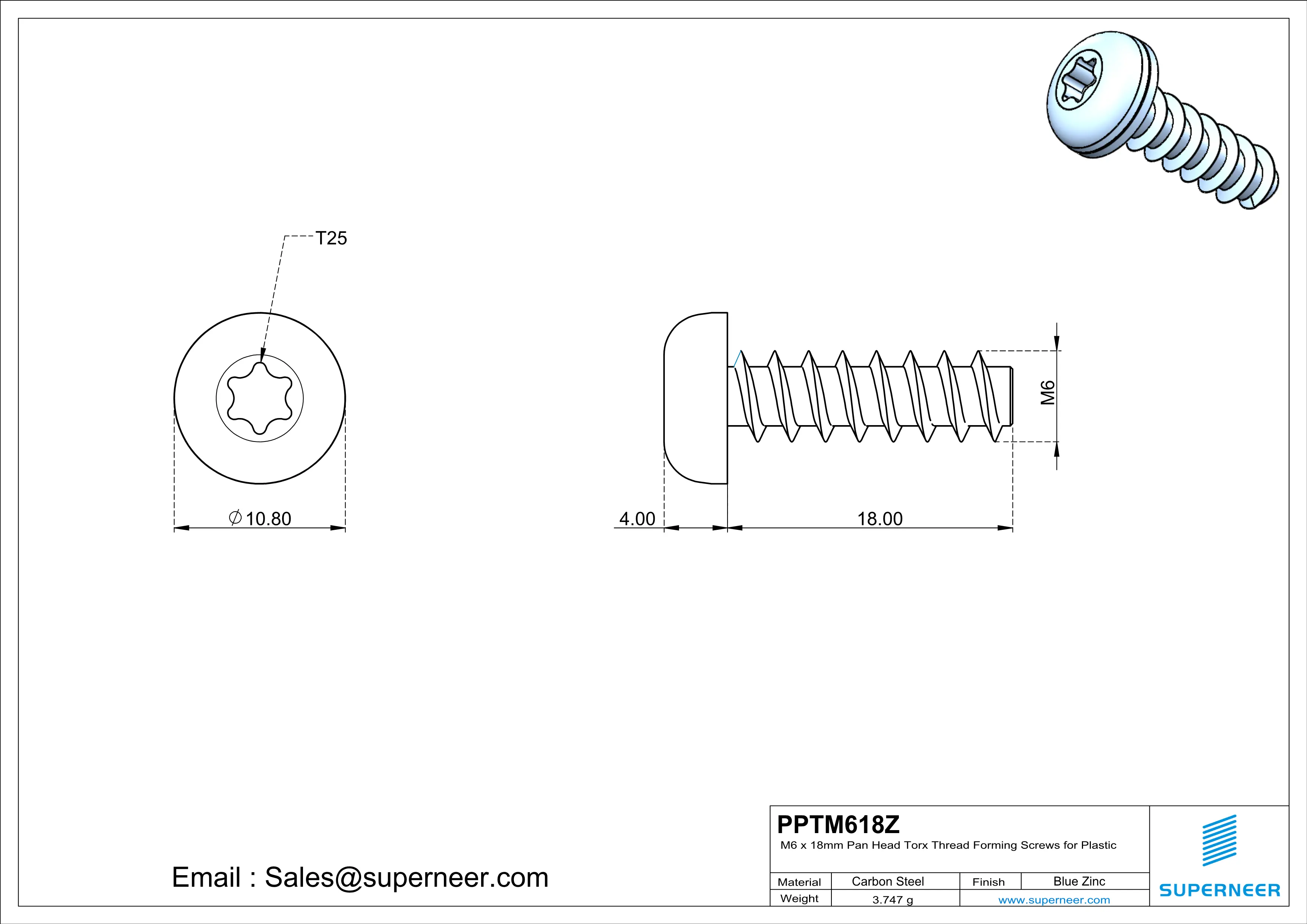 M6 × 18mm  Pan Head Torx Thread Foming Screws for Plastic   Steel Blue Zinc Plated