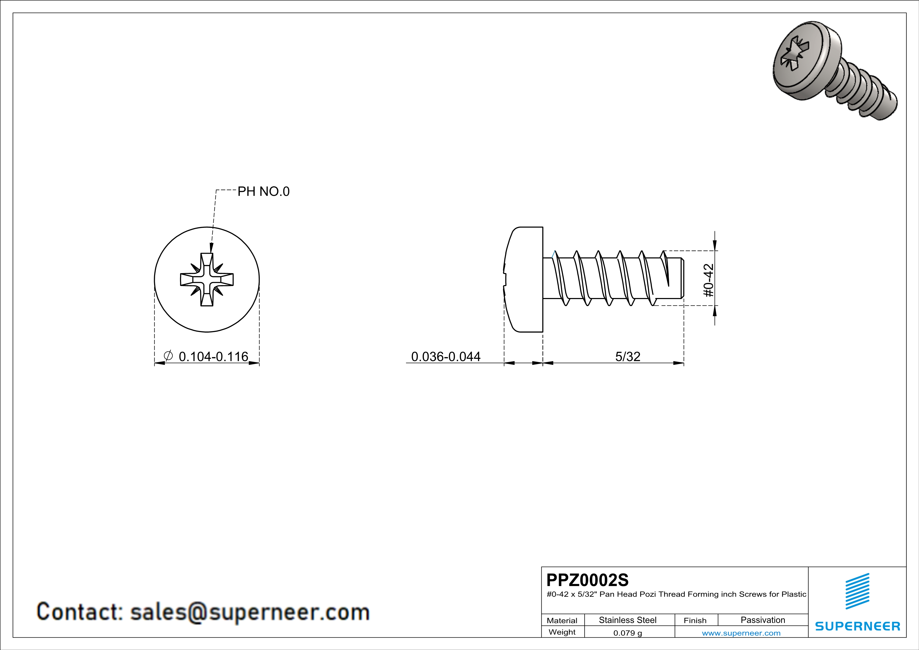 0 × 5/32" Pan Head Pozi Thread Forming inch Screws for Plastic  SUS304 Stainless Steel Inox