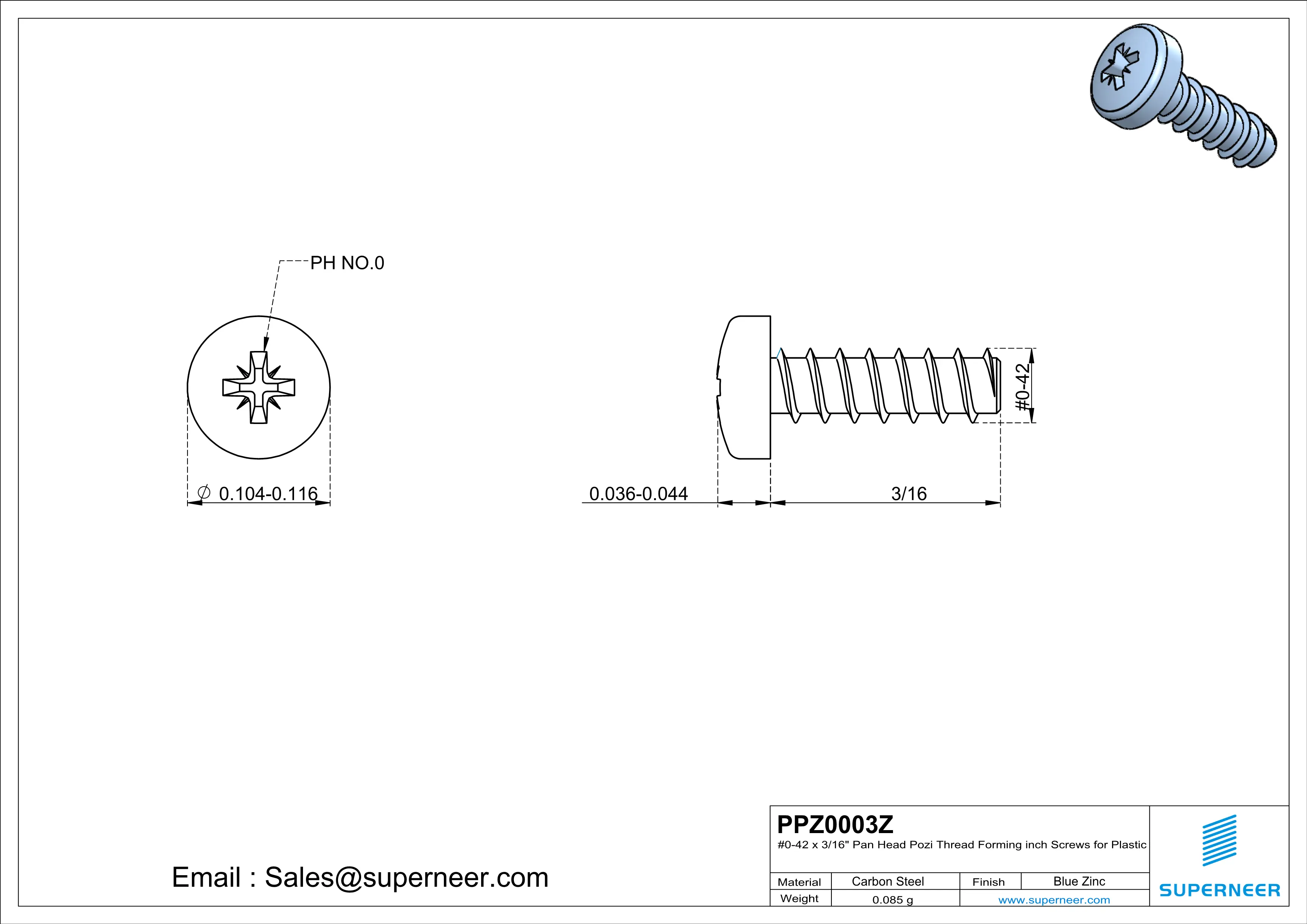 0 × 3/16" Pan Head Pozi Thread Forming  inch Screws for Plastic  Steel Blue Zinc Plated