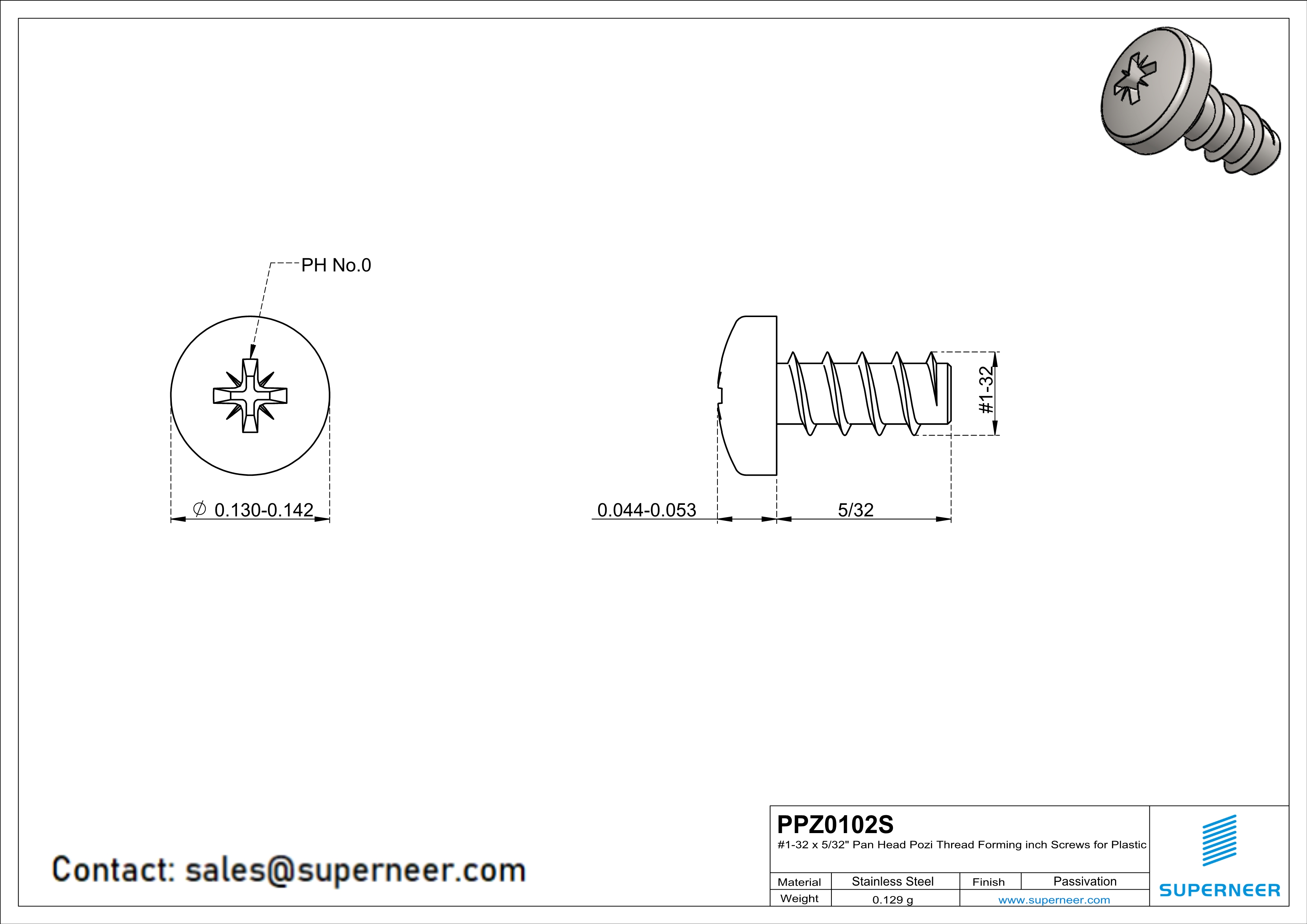 1 × 5/32" Pan Head Pozi Thread Forming inch Screws for Plastic  SUS304 Stainless Steel Inox