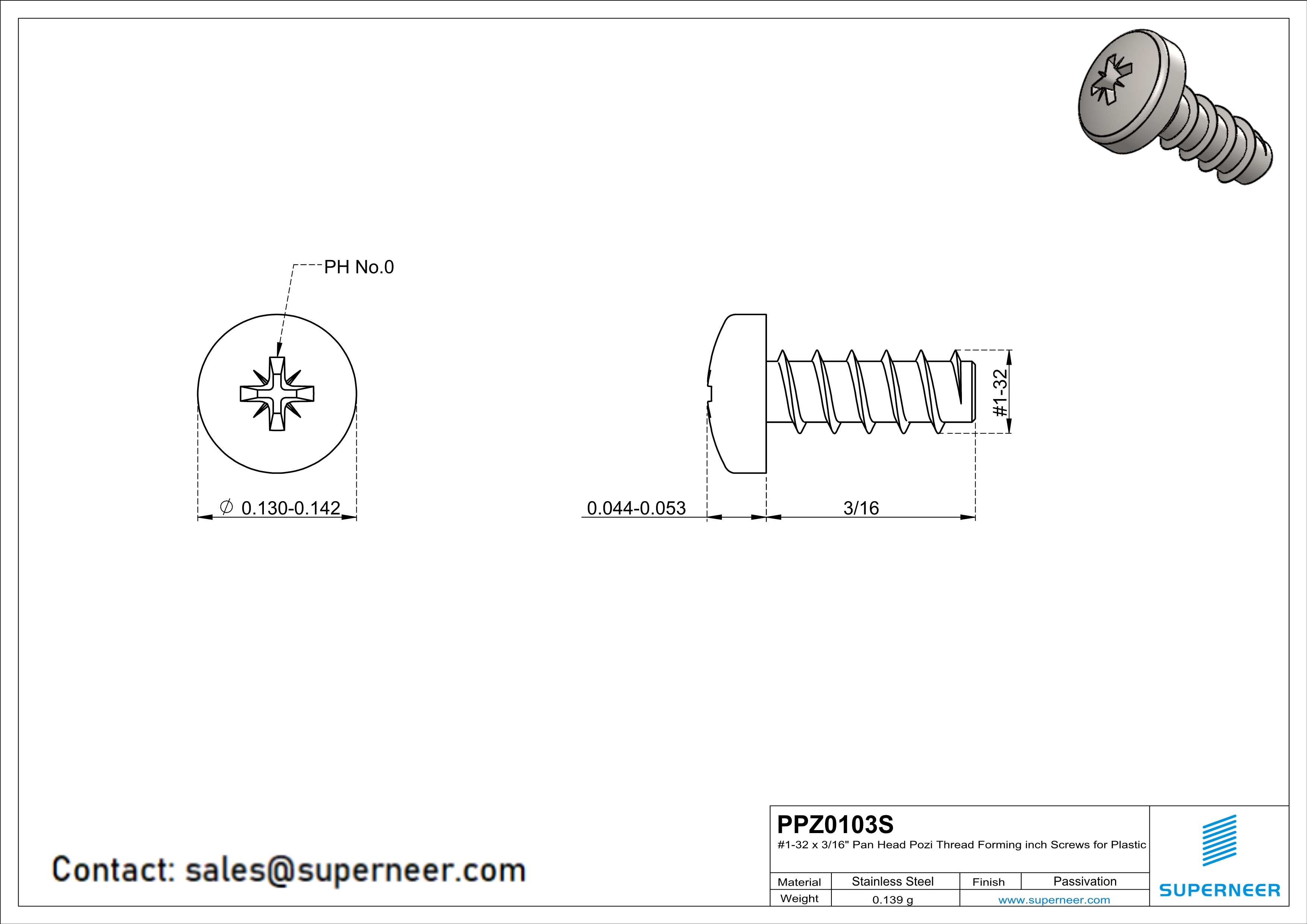 1 × 3/16" Pan Head Pozi Thread Forming inch Screws for Plastic  SUS304 Stainless Steel Inox