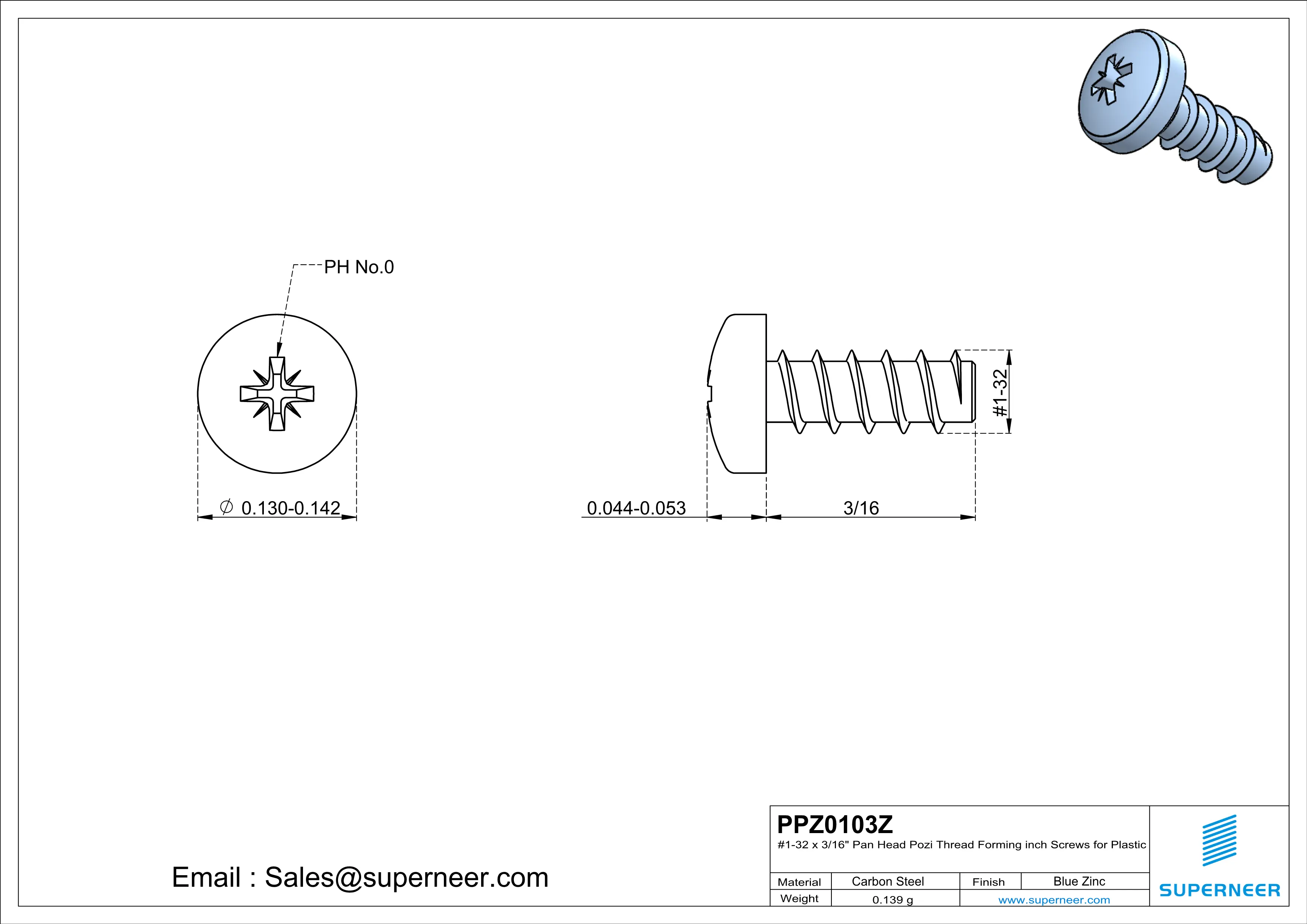 1 × 3/16" Pan Head Pozi Thread Forming inch Screws for Plastic  Steel Blue Zinc Plated