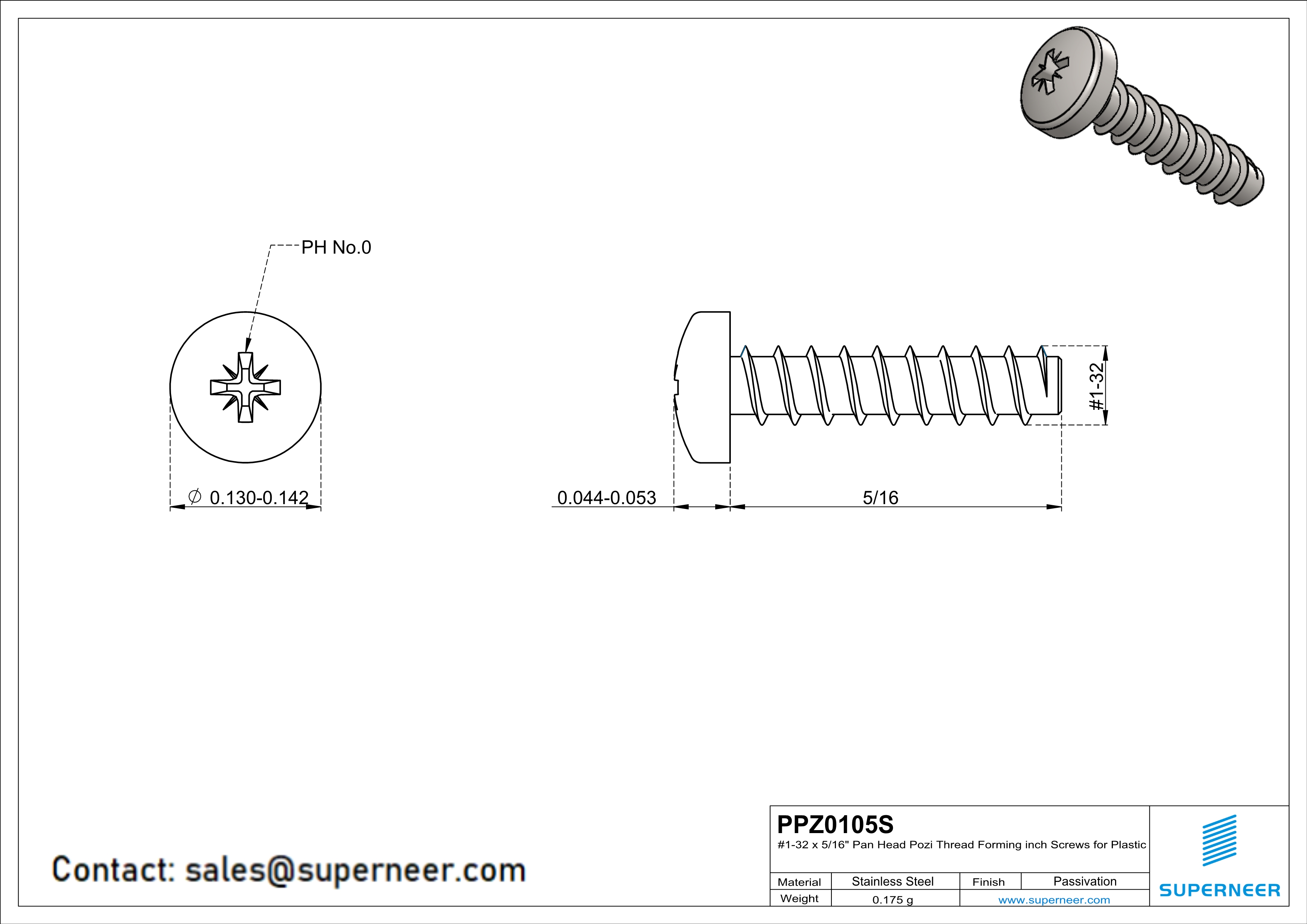 1 × 5/16" Pan Head Pozi Thread Forming inch Screws for Plastic  SUS304 Stainless Steel Inox