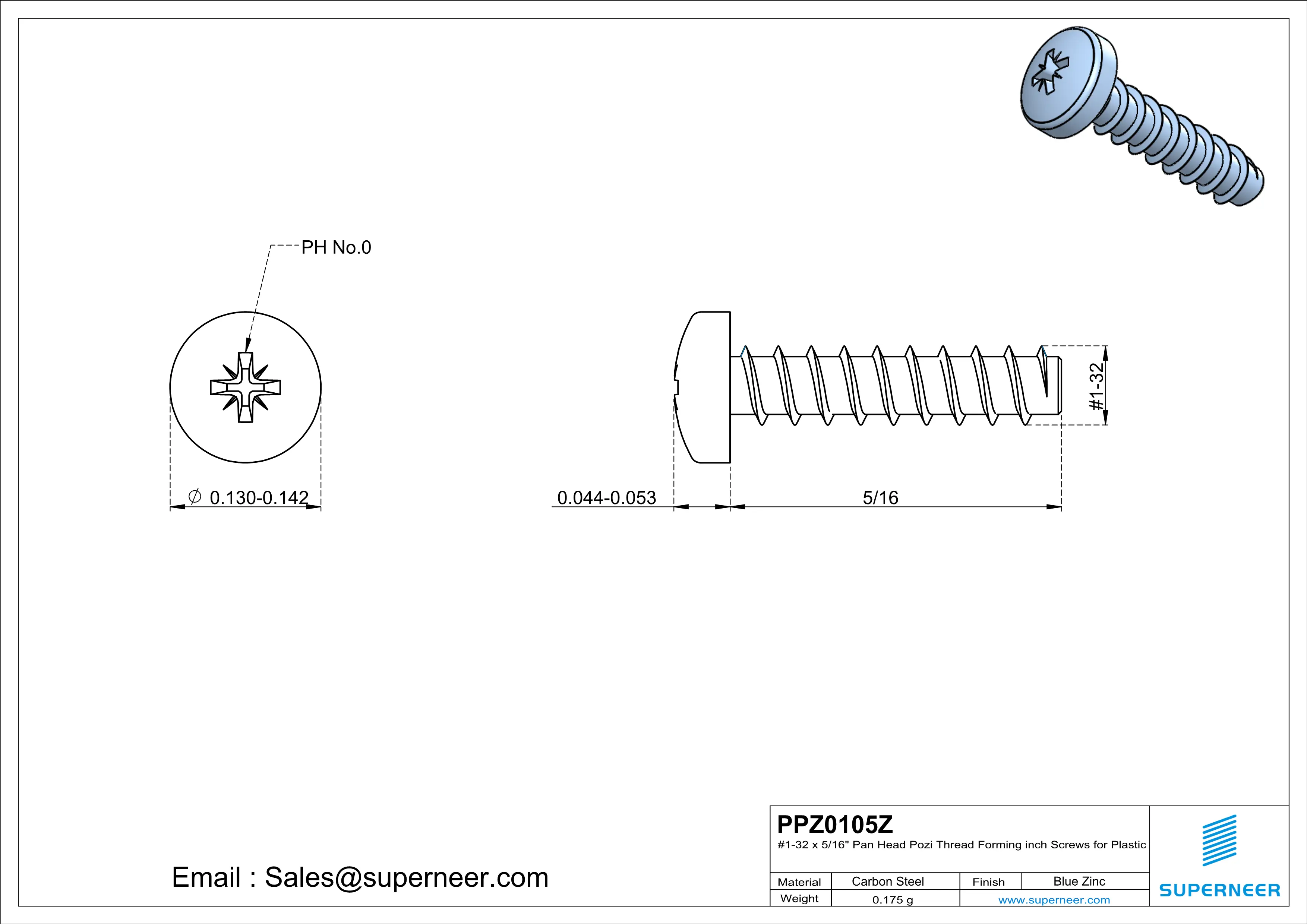 1 × 5/16" Pan Head Pozi Thread Forming inch Screws for Plastic  Steel Blue Zinc Plated