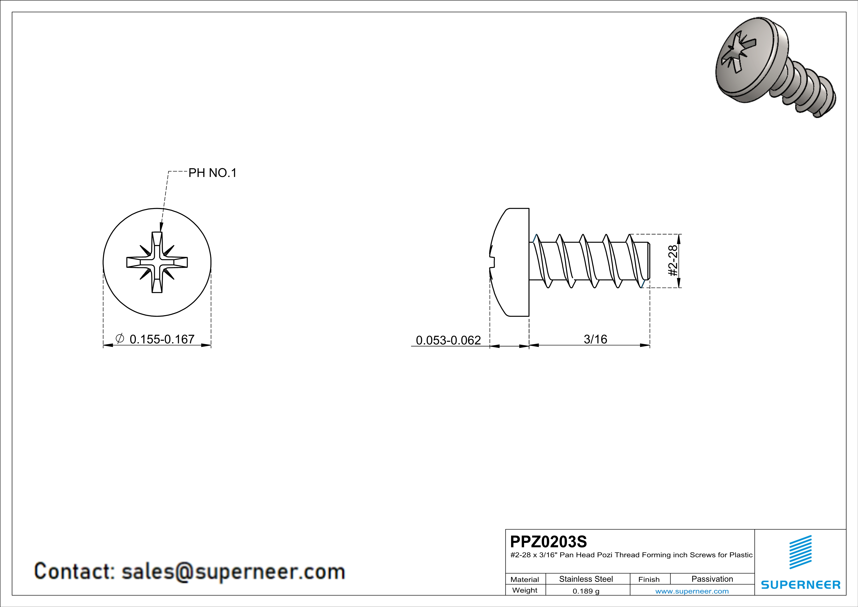 2 × 3/16" Pan Head Pozi Thread Forming inch Screws for Plastic  SUS304 Stainless Steel Inox