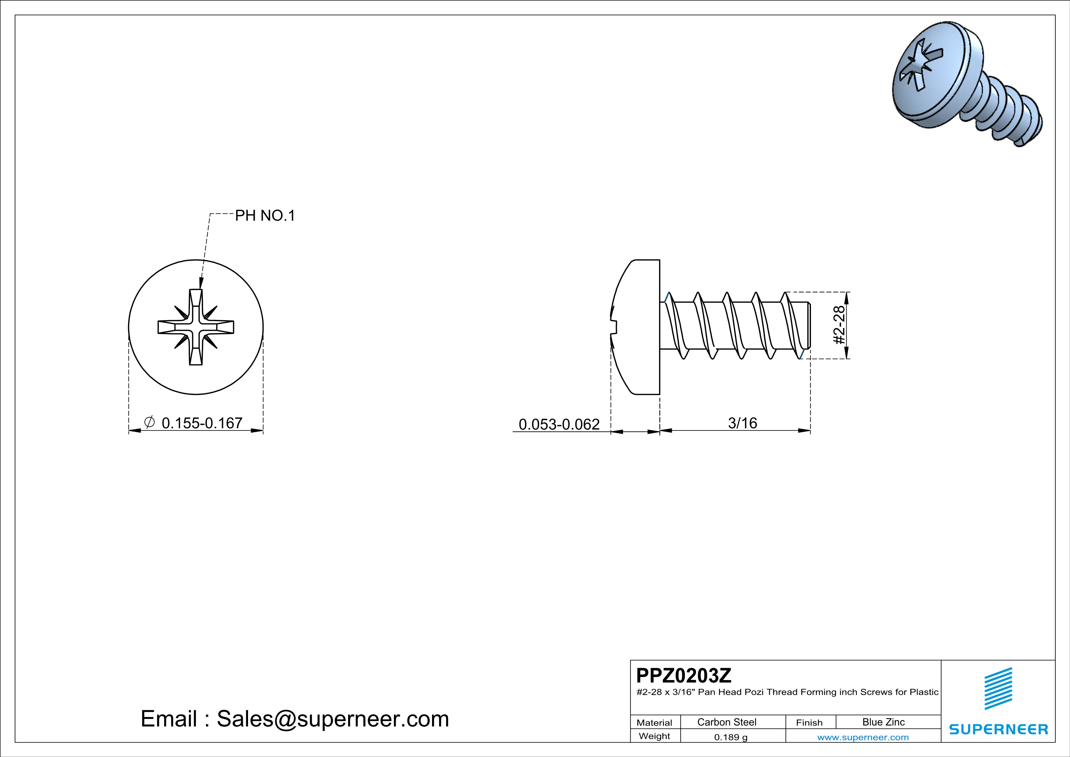 2 × 3/16" Pan Head Pozi Thread Forming inch Screws for Plastic  Steel Blue Zinc Plated