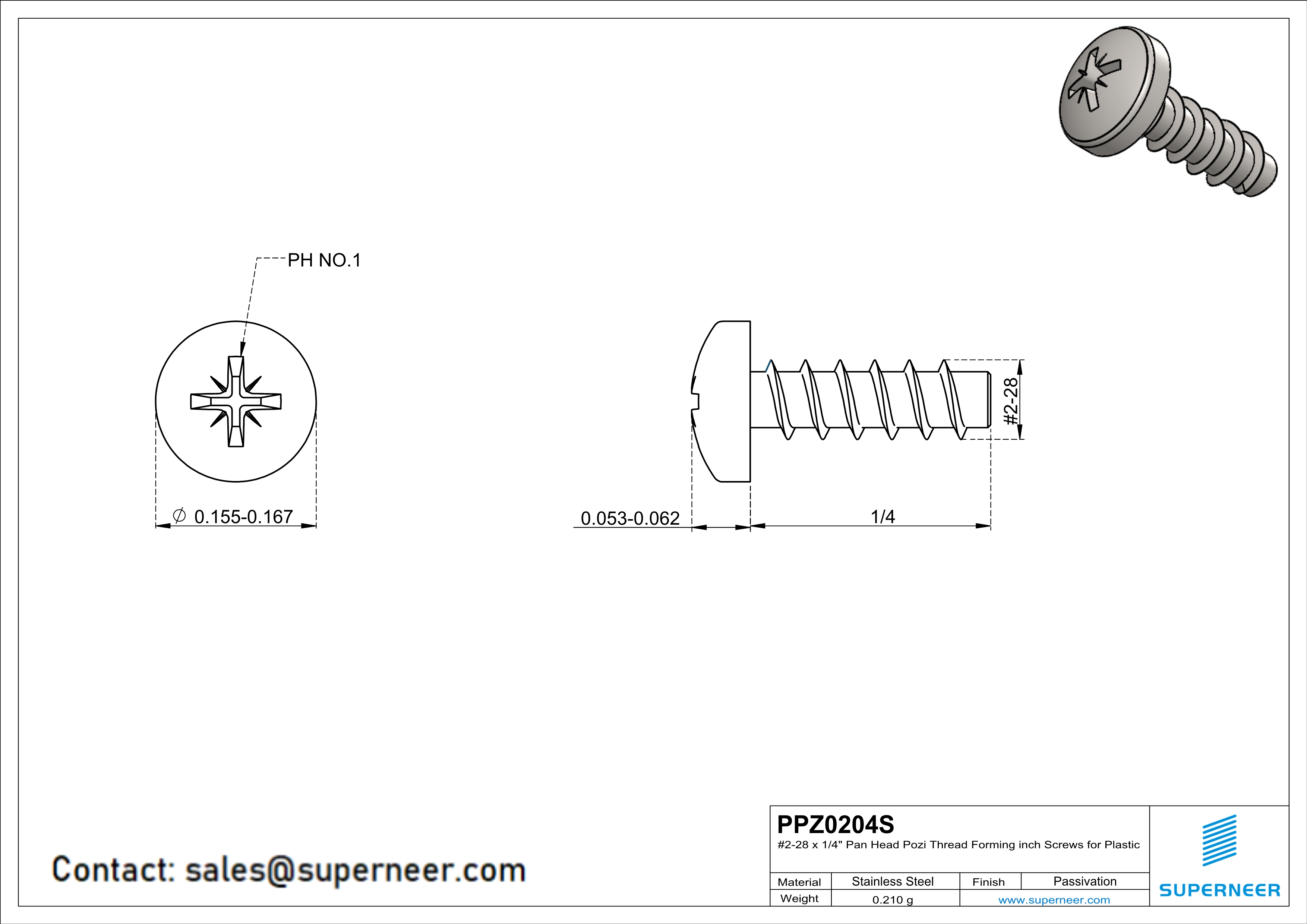 2 × 1/4" Pan Head Pozi Thread Forming inch Screws for Plastic  SUS304 Stainless Steel Inox