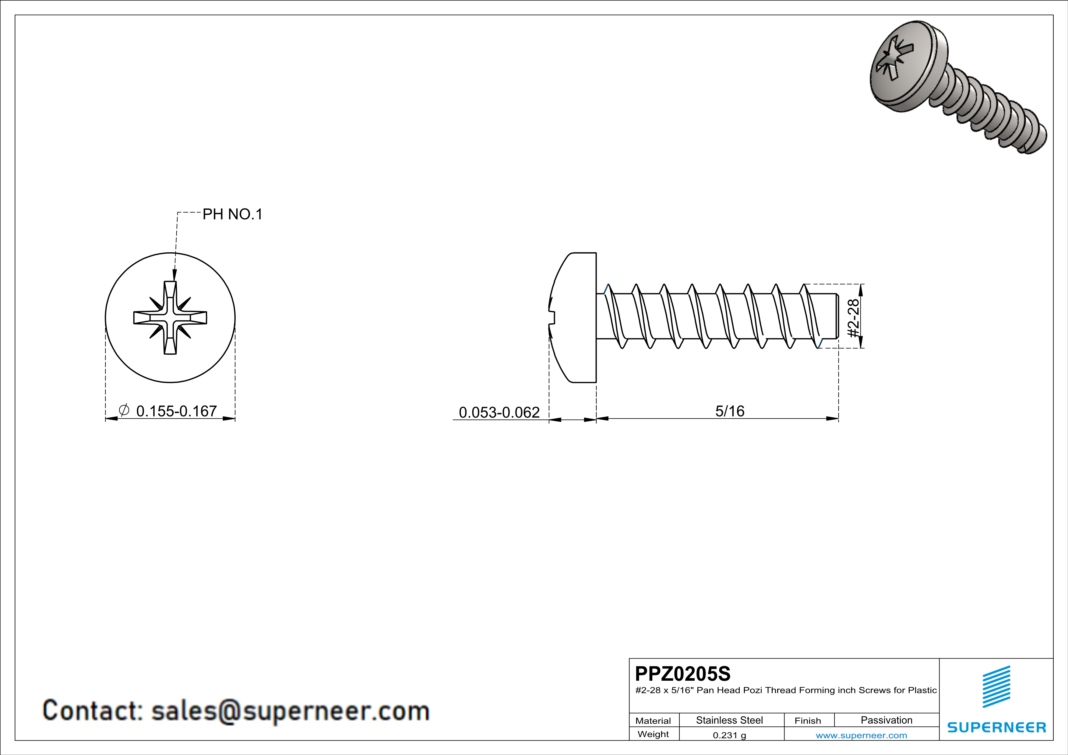 2 × 5/16" Pan Head Pozi Thread Forming inch Screws for Plastic  SUS304 Stainless Steel Inox