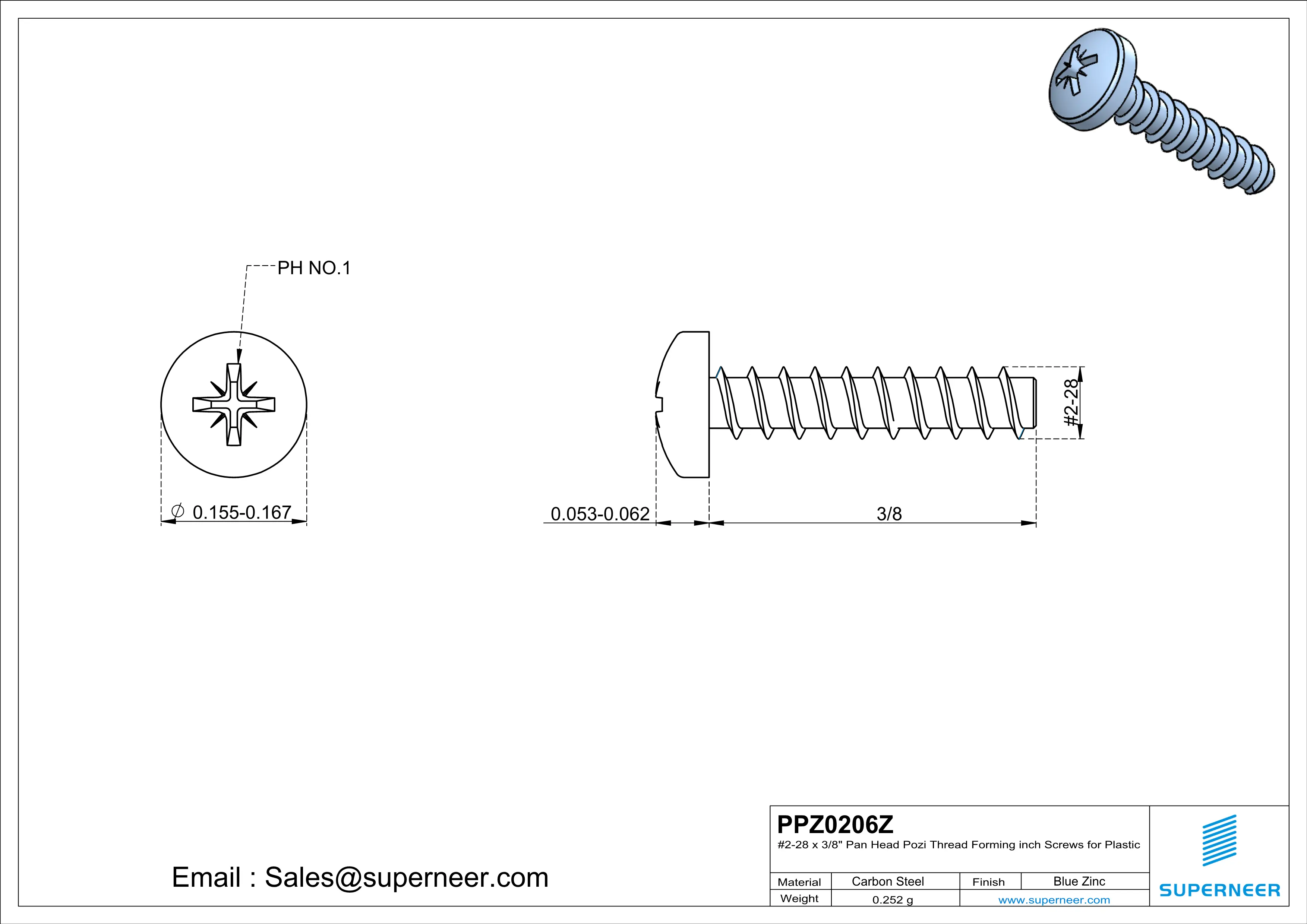 2 × 3/8" Pan Head Pozi Thread Forming inch Screws for Plastic  Steel Blue Zinc Plated