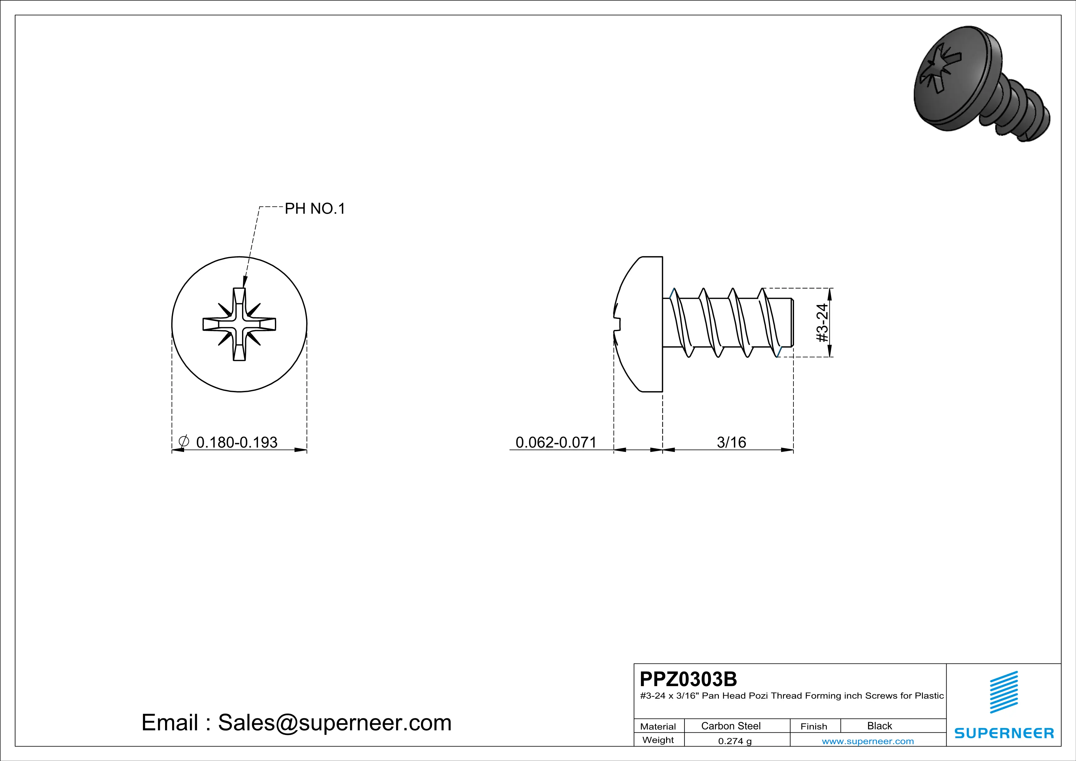 3 × 3/16" Pan Head Pozi Thread Forming inch Screws for Plastic  Steel Black