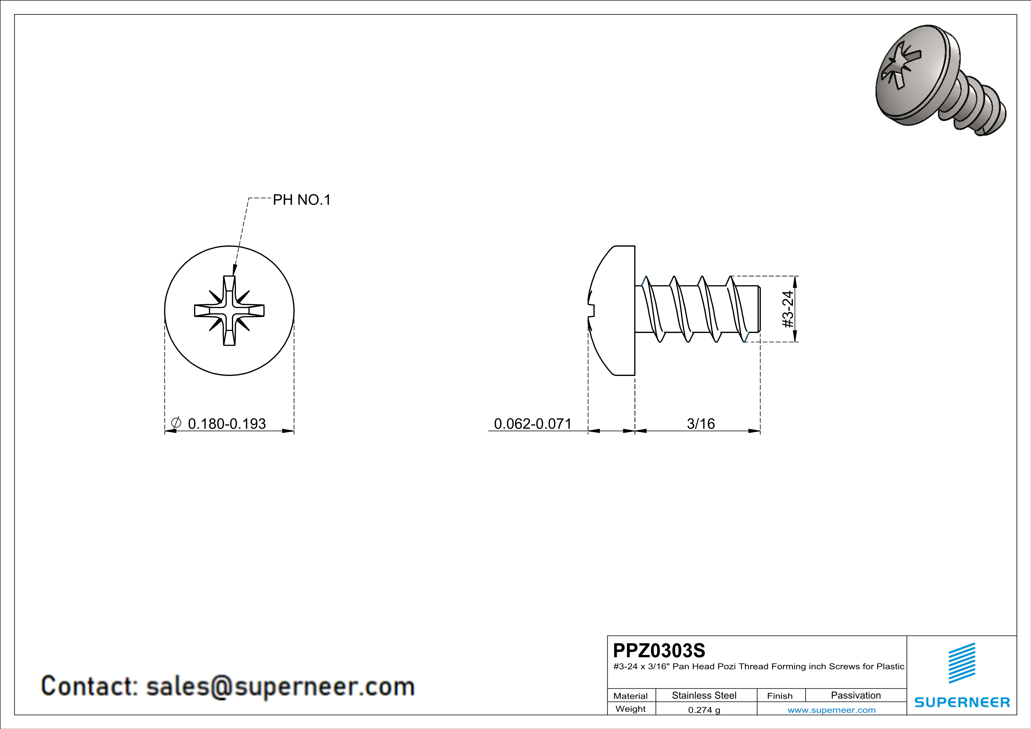 3 × 3/16" Pan Head Pozi Thread Forming inch Screws for Plastic  SUS304 Stainless Steel Inox