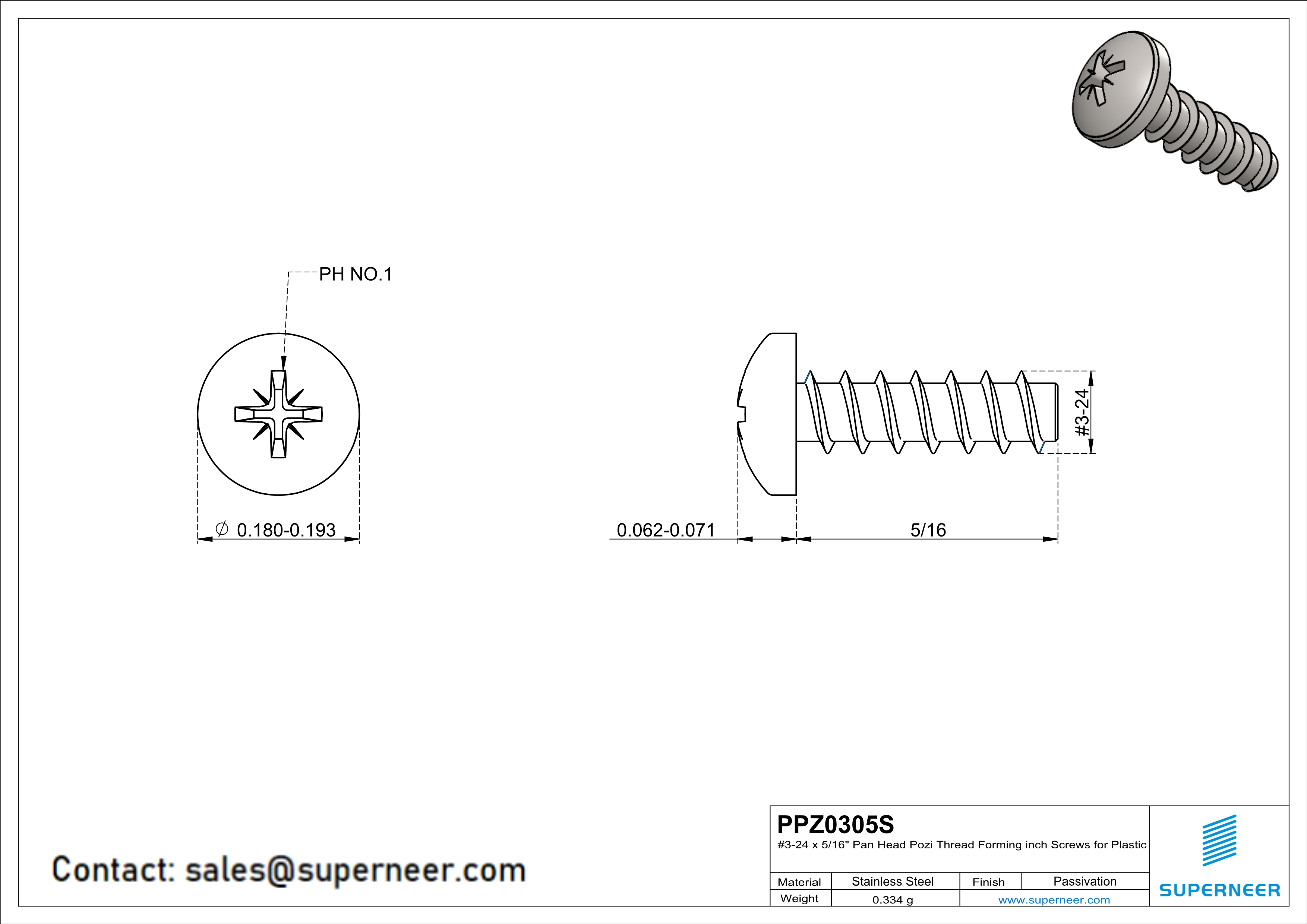 3 × 5/16" Pan Head Pozi Thread Forming inch Screws for Plastic  SUS304 Stainless Steel Inox