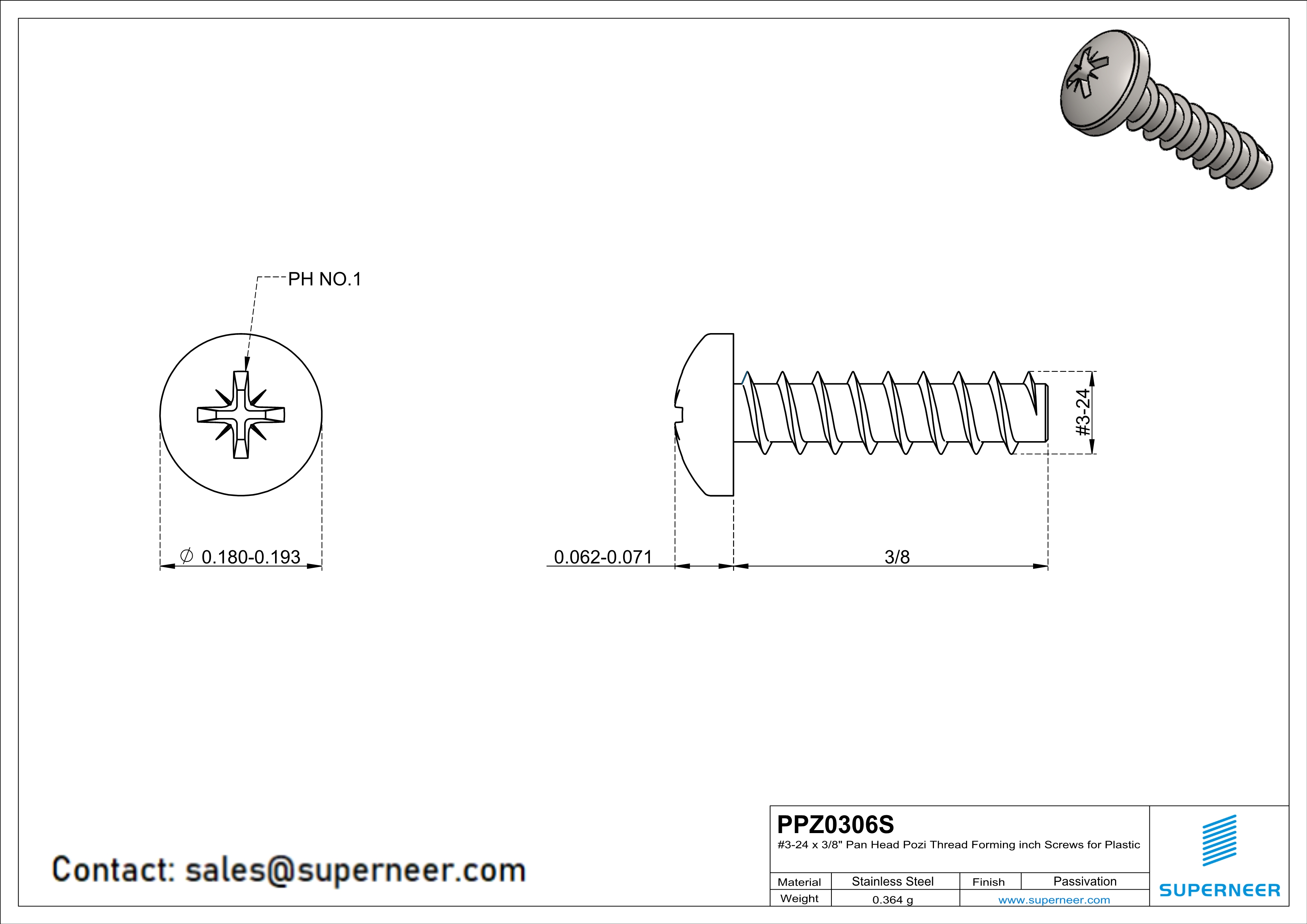 3 × 3/8" Pan Head Pozi Thread Forming inch Screws for Plastic  SUS304 Stainless Steel Inox