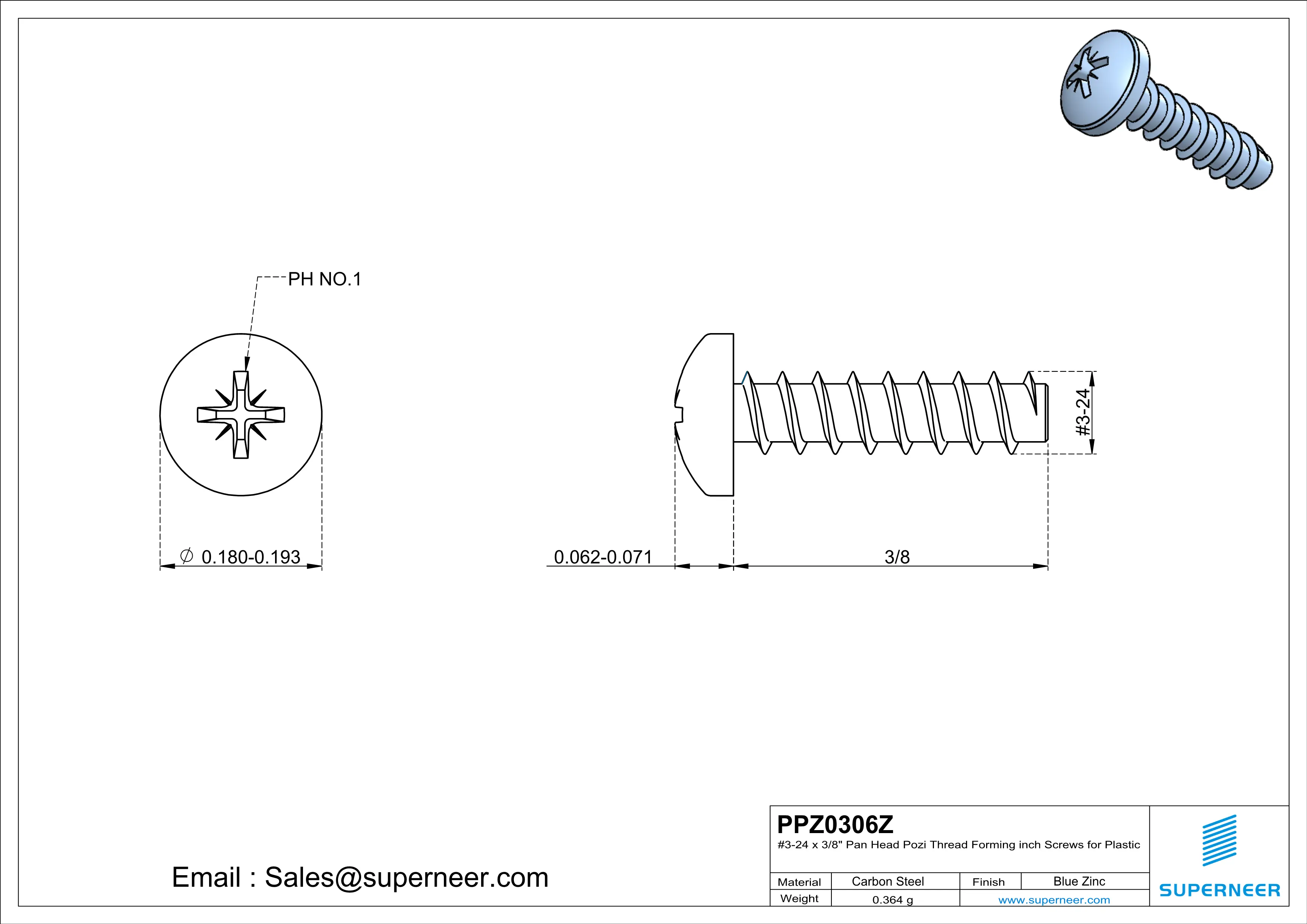 3 × 3/8" Pan Head Pozi Thread Forming inch Screws for Plastic  Steel Blue Zinc Plated