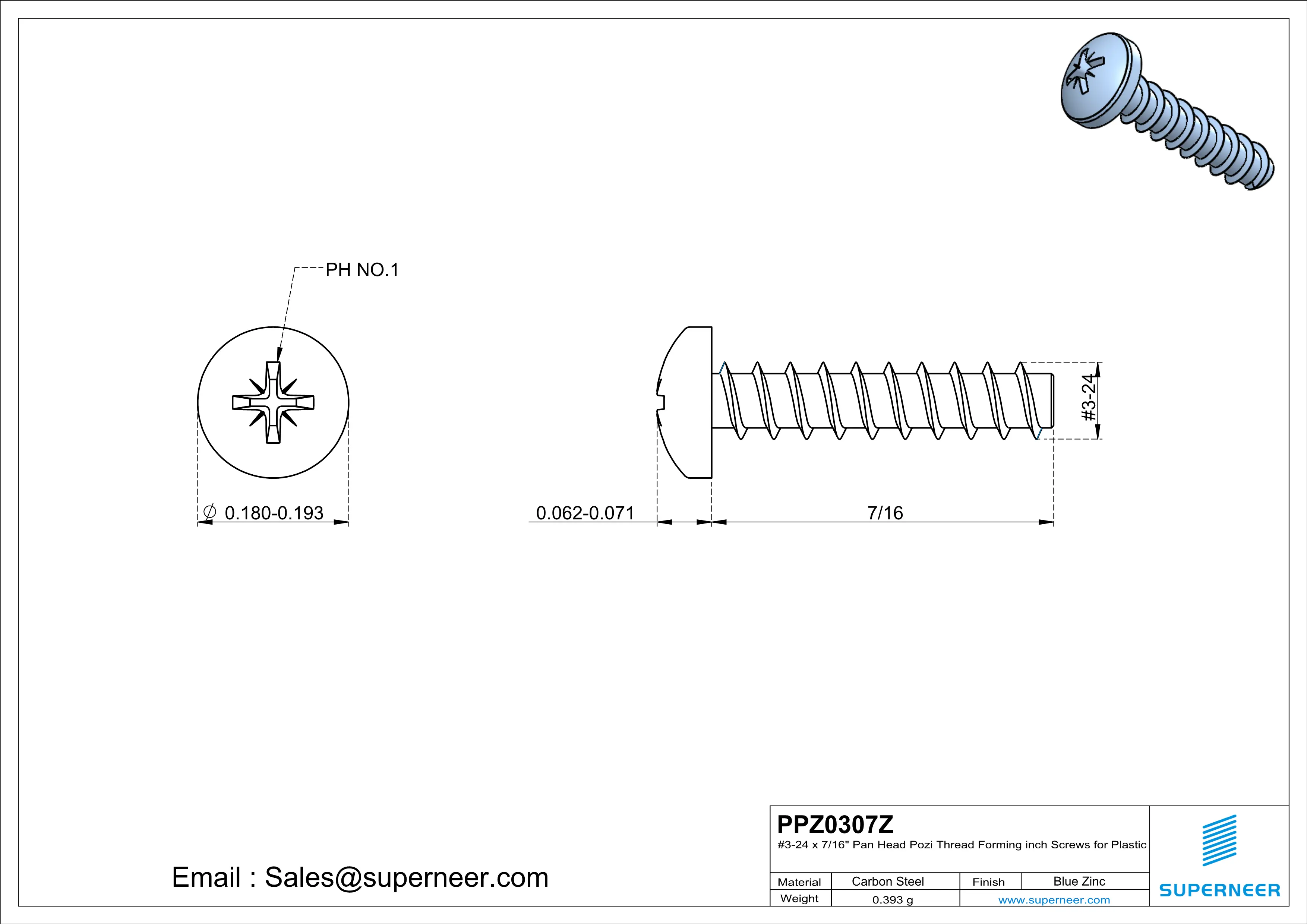 3 × 7/16" Pan Head Pozi Thread Forming inch Screws for Plastic  Steel Blue Zinc Plated