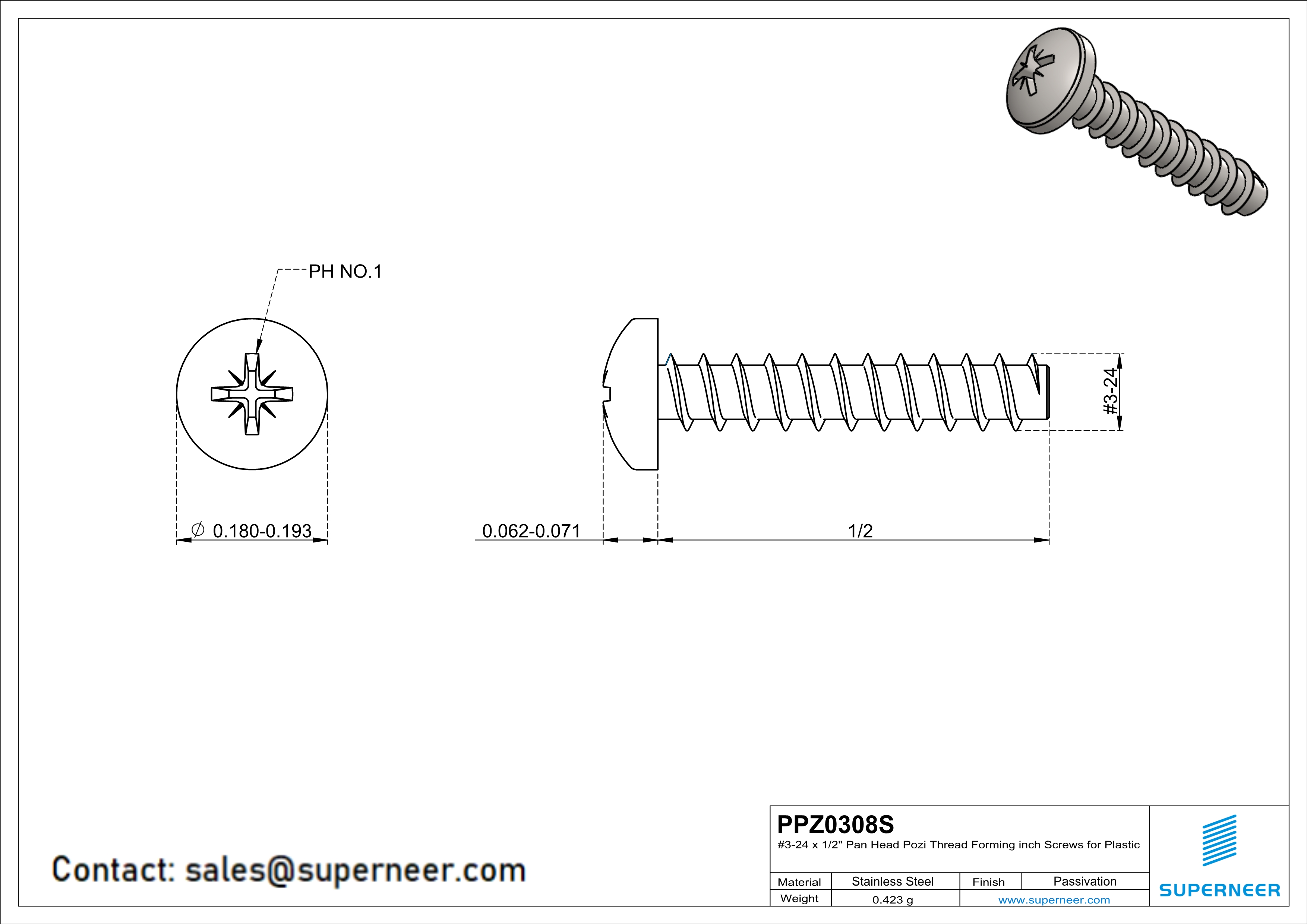 3 × 1/2" Pan Head Pozi Thread Forming inch Screws for Plastic  SUS304 Stainless Steel Inox