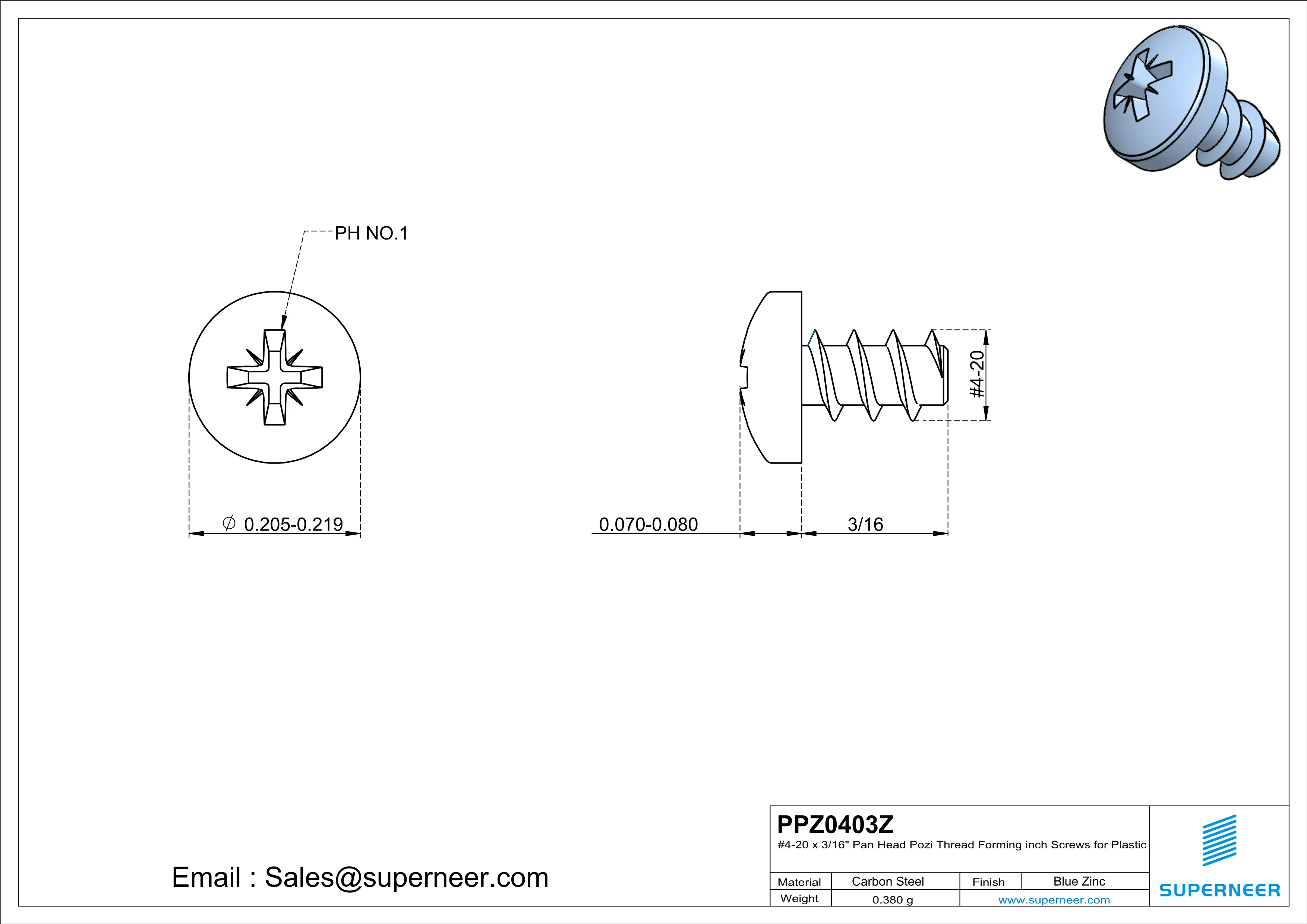 4 × 3/16" Pan Head Pozi Thread Forming inch Screws for Plastic  Steel Blue Zinc Plated