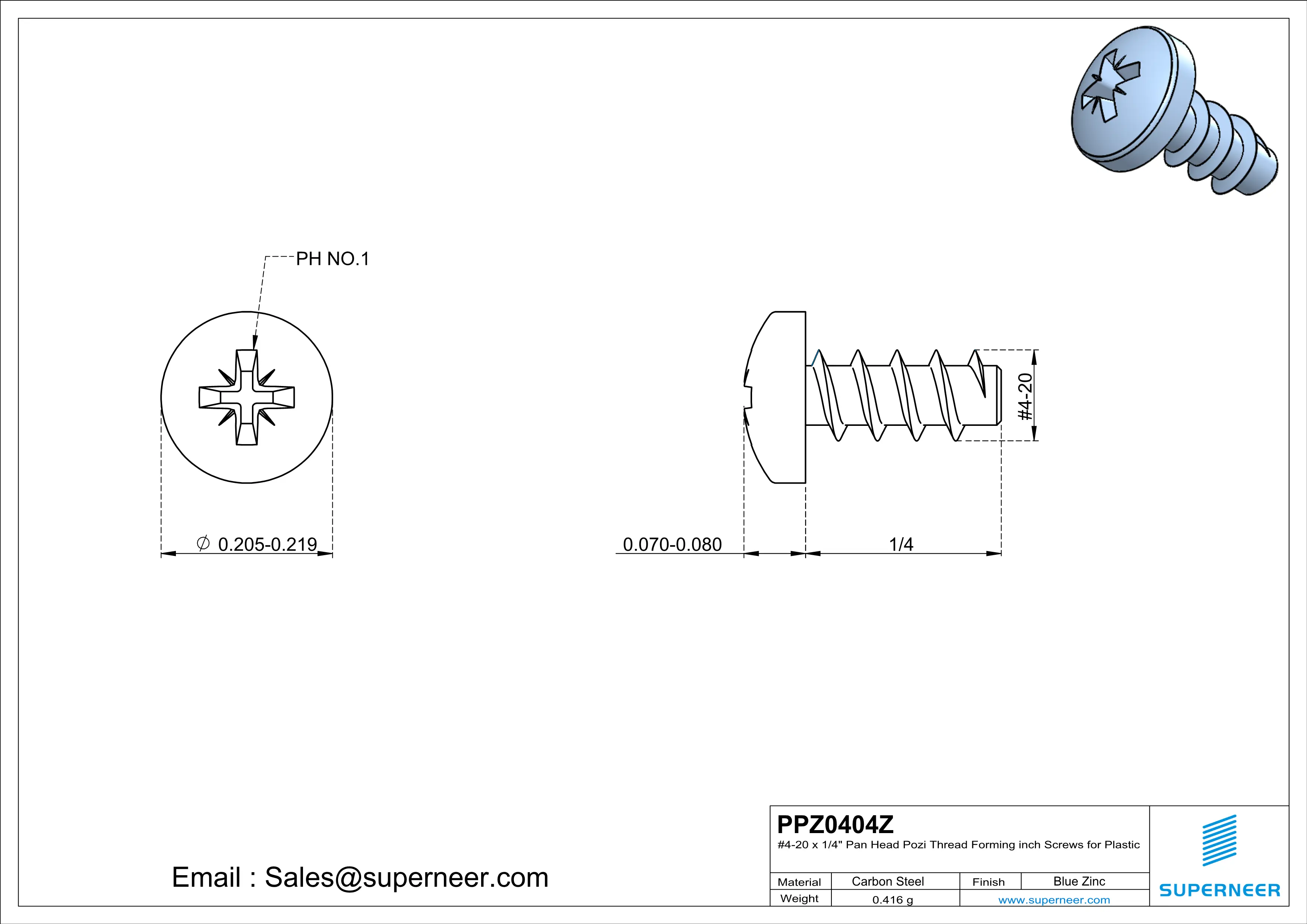 4 × 1/4" Pan Head Pozi Thread Forming inch Screws for Plastic  Steel Blue Zinc Plated