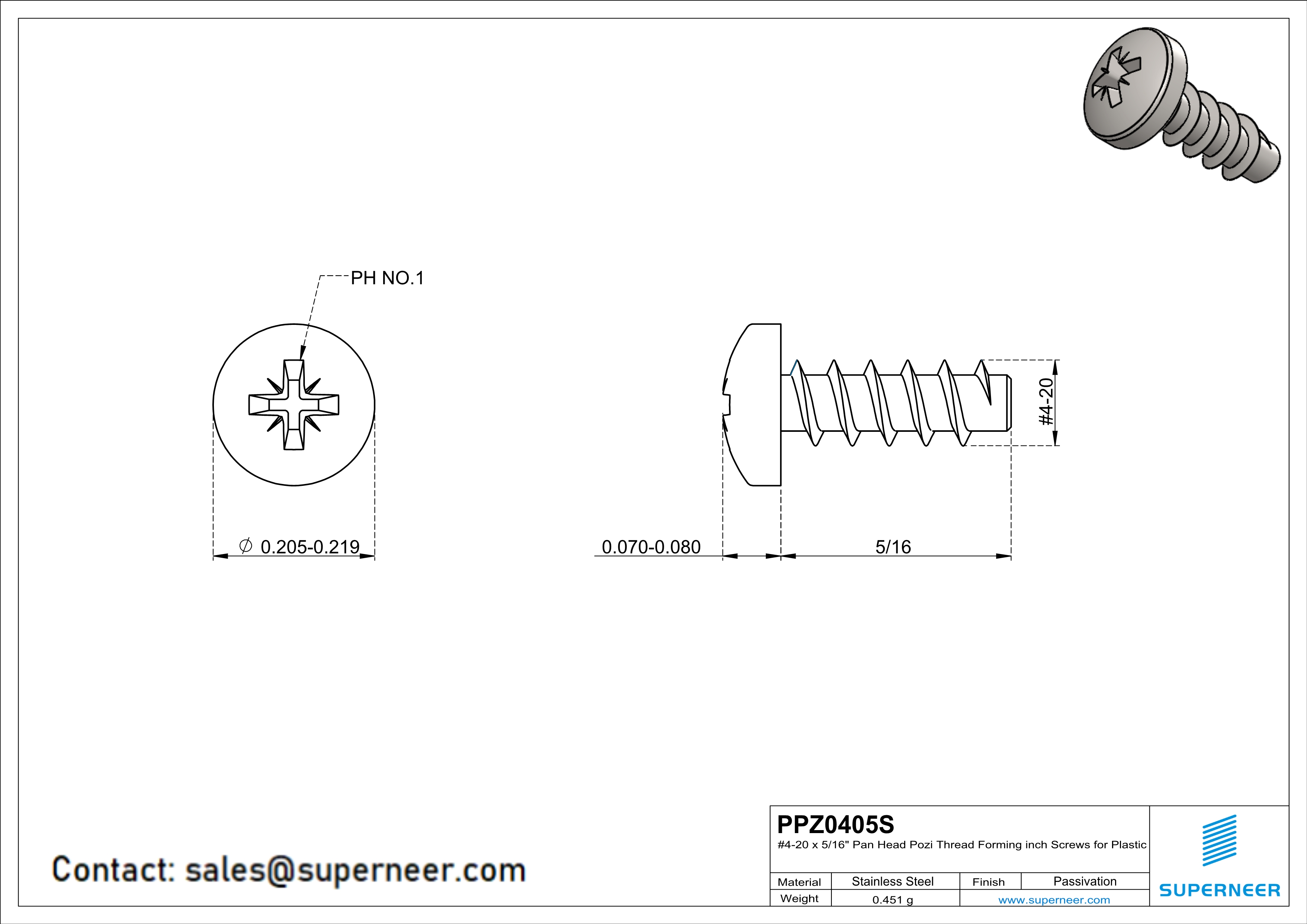 4 × 5/16" Pan Head Pozi Thread Forming inch Screws for Plastic  SUS304 Stainless Steel Inox