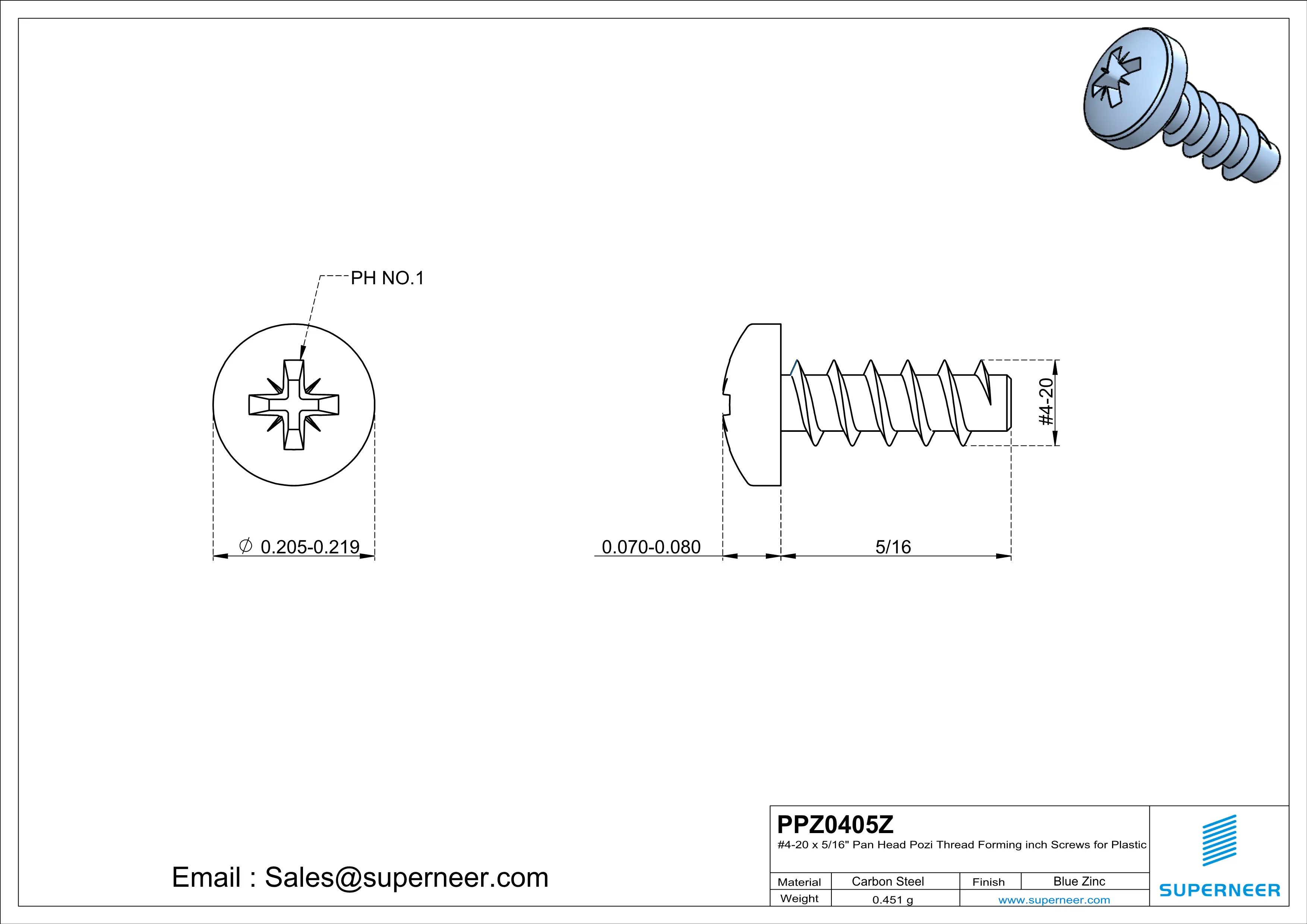 4 × 5/16" Pan Head Pozi Thread Forming inch Screws for Plastic  Steel Blue Zinc Plated