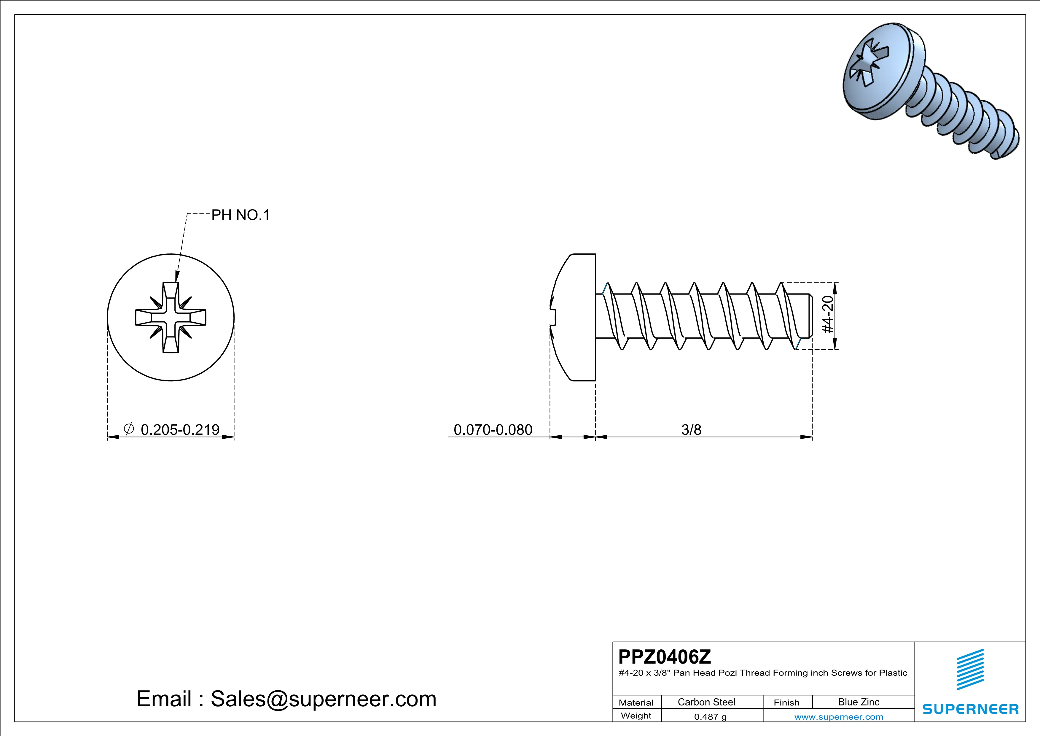 4 × 3/8" Pan Head Pozi Thread Forming inch Screws for Plastic  Steel Blue Zinc Plated