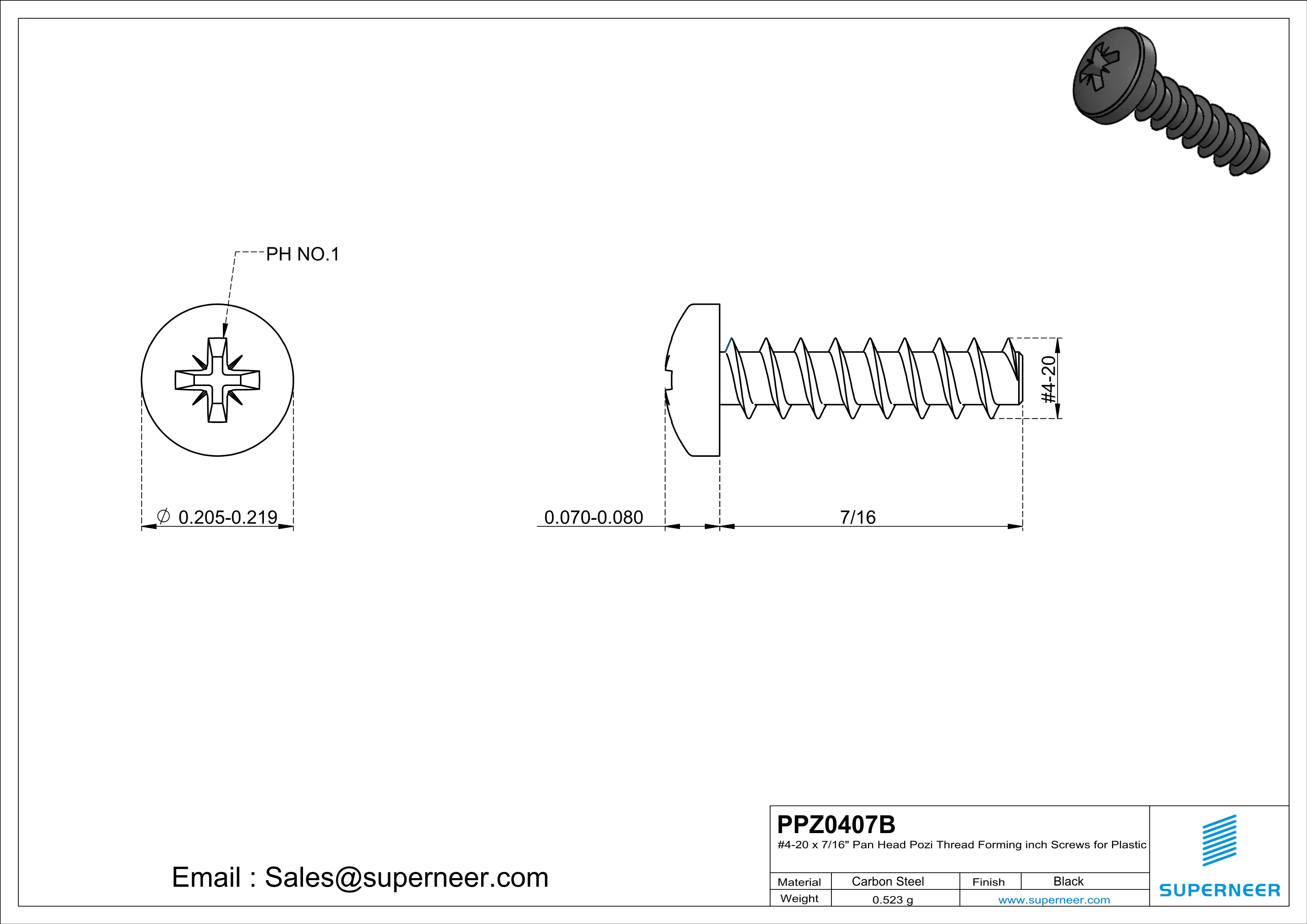 4 × 7/16" Pan Head Pozi Thread Forming inch Screws for Plastic  Steel Black