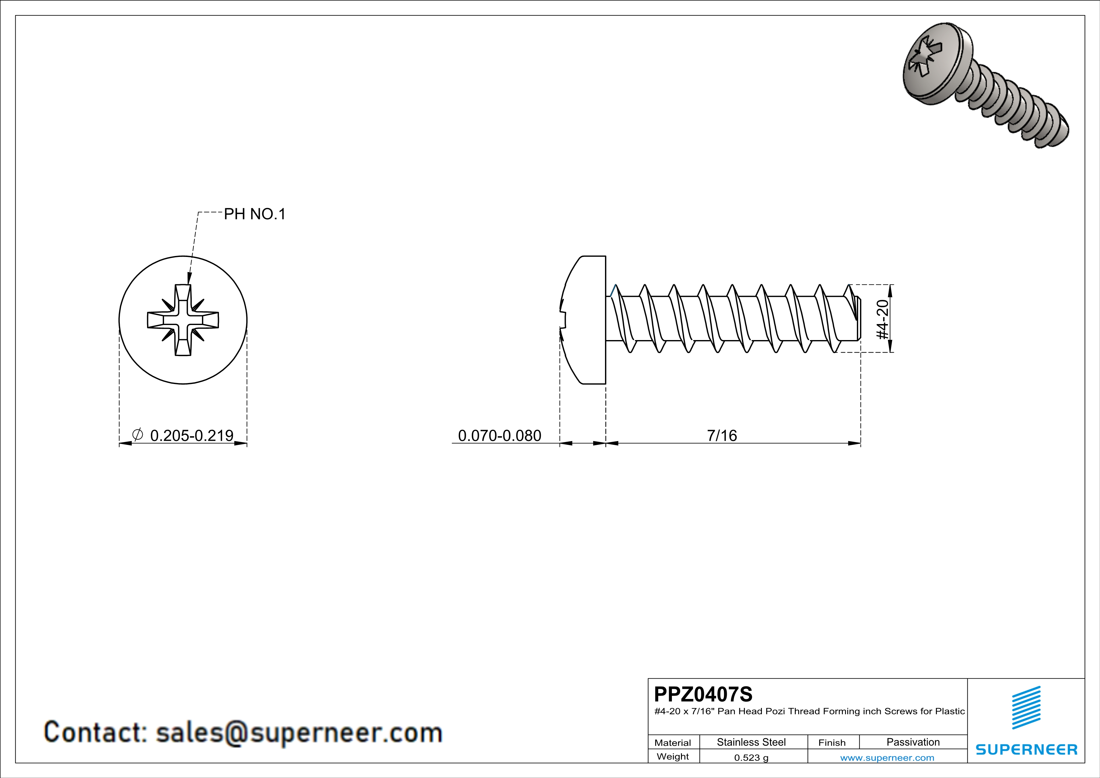 4 × 7/16" Pan Head Pozi Thread Forming inch Screws for Plastic  SUS304 Stainless Steel Inox