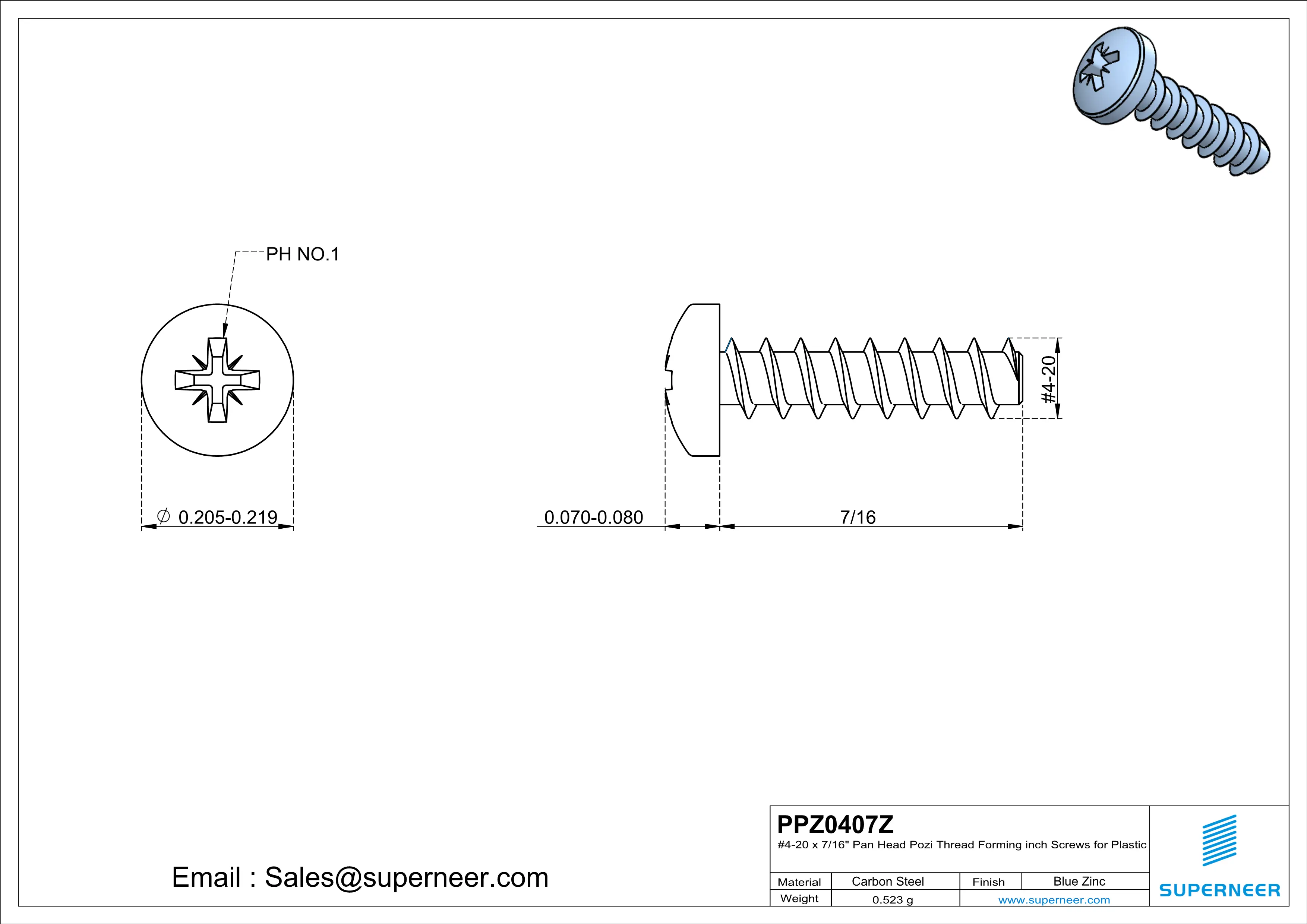 4 × 7/16" Pan Head Pozi Thread Forming inch Screws for Plastic  Steel Blue Zinc Plated