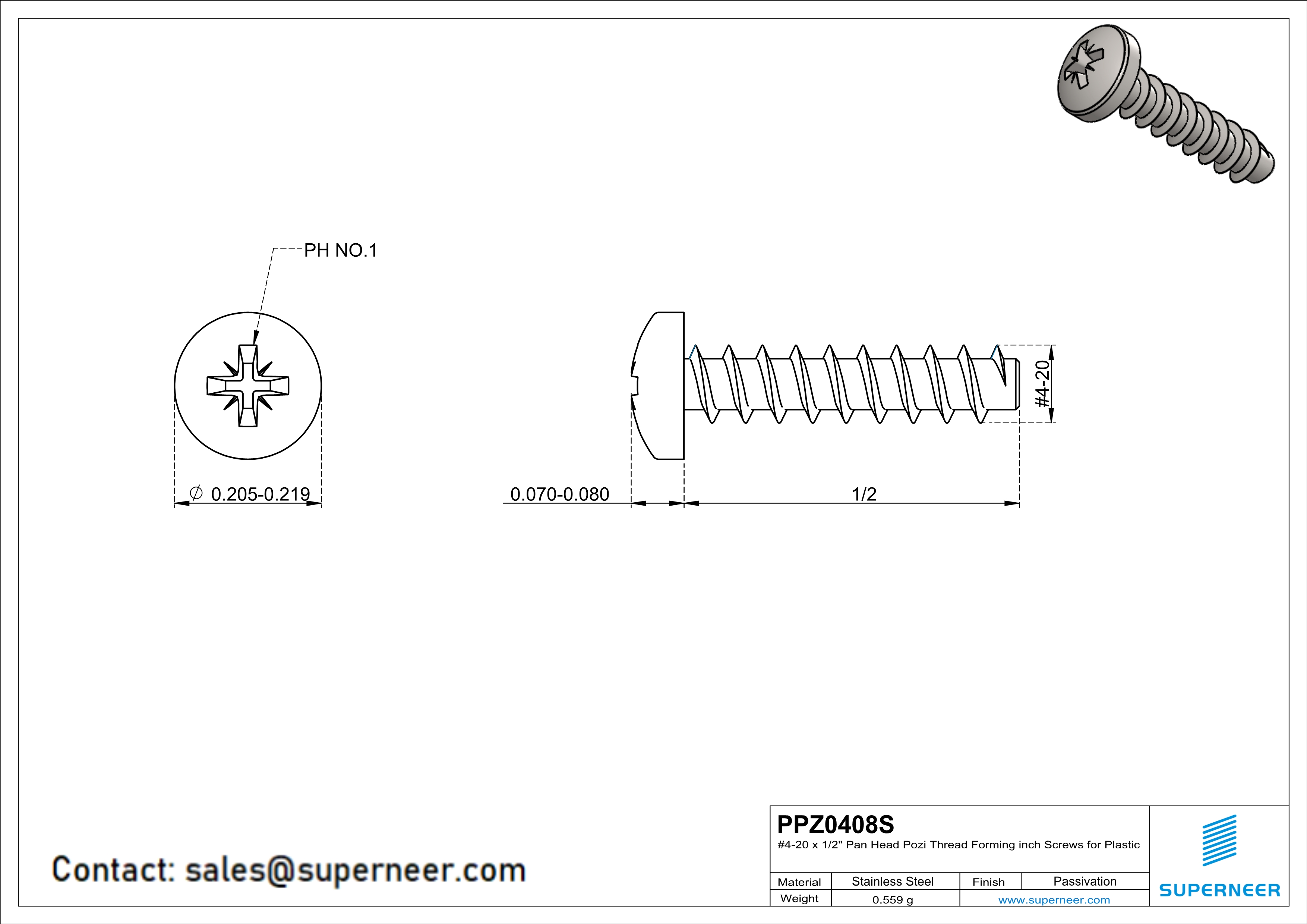 4 × 1/2" Pan Head Pozi Thread Forming inch Screws for Plastic  SUS304 Stainless Steel Inox