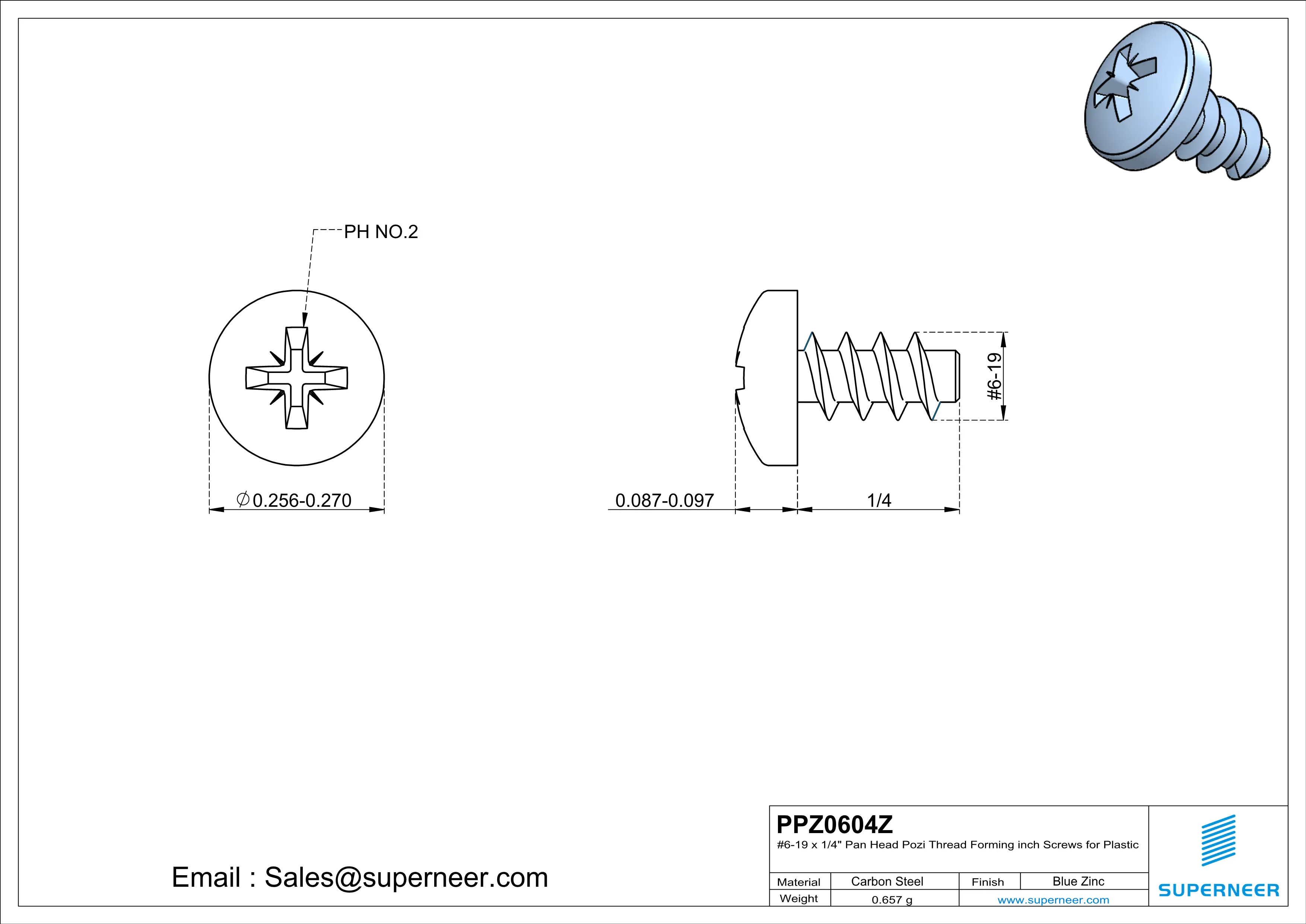 6 × 1/4" Pan Head Pozi Thread Forming inch Screws for Plastic  Steel Blue Zinc Plated