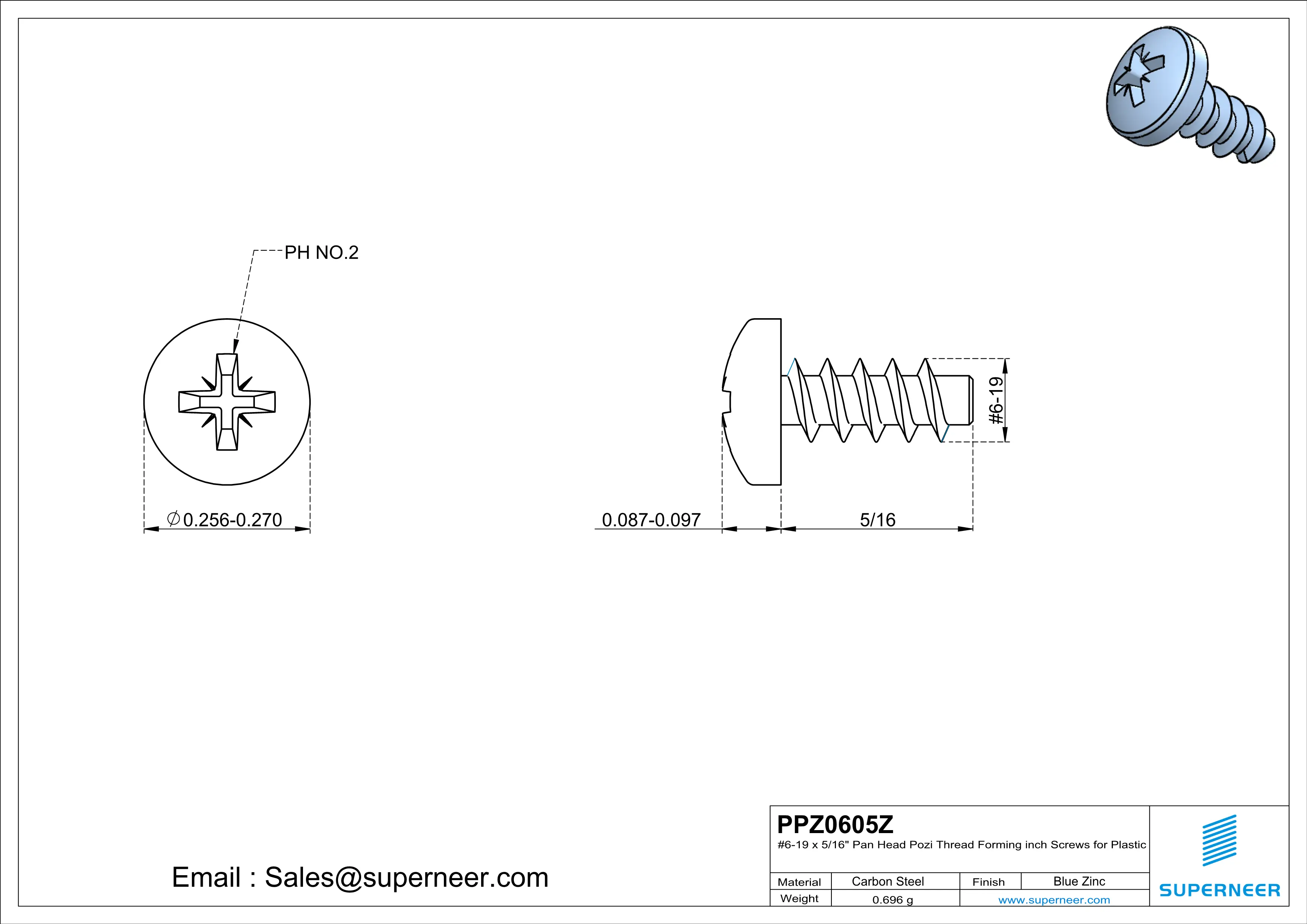 6 × 5/16" Pan Head Pozi Thread Forming inch Screws for Plastic  Steel Blue Zinc Plated